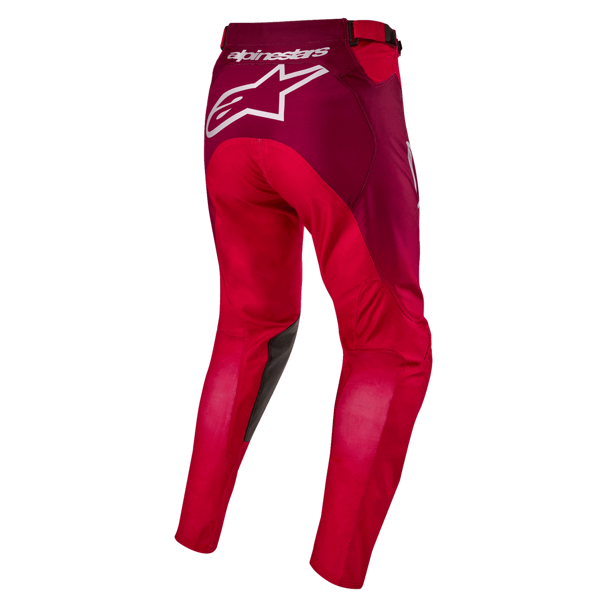 Alpinestars 2024 Racer Hoen bukser, motocross-bukser, Mars Red og Burgundy, set bagfra med stort hvidt Alpinestars-logo på sædet, ergonomisk forbøjet benkonstruktion, holdbart tekstilmateriale til off-road kørsel