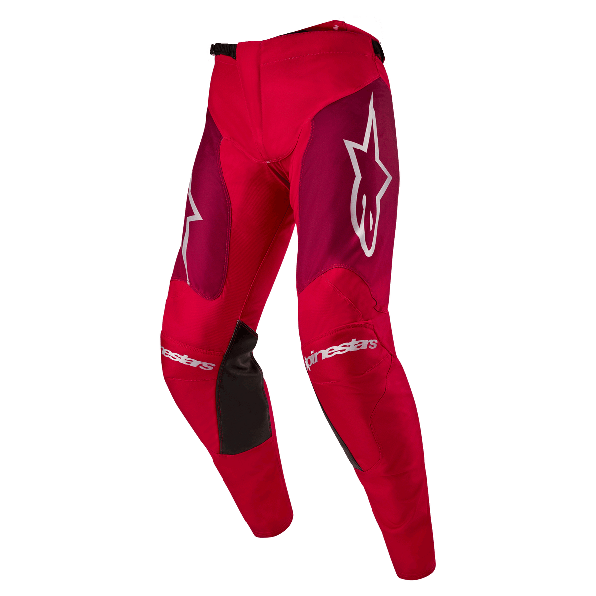 Alpinestars 2024 Racer Hoen bukser, motocrossbukser, Mars Red Burgundy, med bordeauxfarvede lårpaneler og hvid Alpinestars-branding på knæ og hofter, sorte indvendige grebspaneler på knæene, sporty forbuede design til off-road kørsel