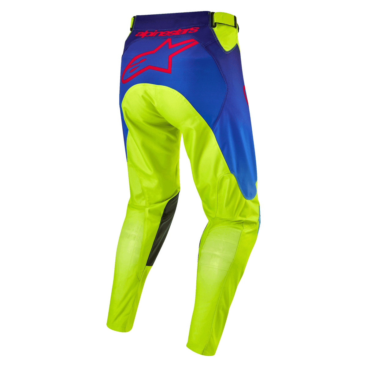 Alpinestars 2024 Racer Hoen bukser, motocrossbukser, gul fluo og mørkeblå, set bagfra med stort rødt Alpinestars-stjernelogo, mørke læderforstærkninger på indersiden af knæene, slidstærkt teknisk materiale til off-road kørsel