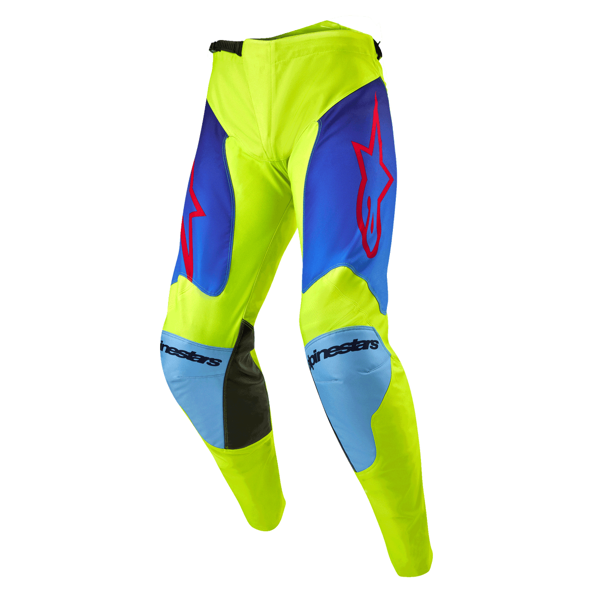 Alpinestars 2024 Racer Hoen bukser, motocrossbukser, gul fluo og mørkeblå, med røde stjernelogoer på lårene, lyseblå knæpaneler med sorte læderforstærkninger på indersiden, sporty forbuet konstruktion til off-road racing