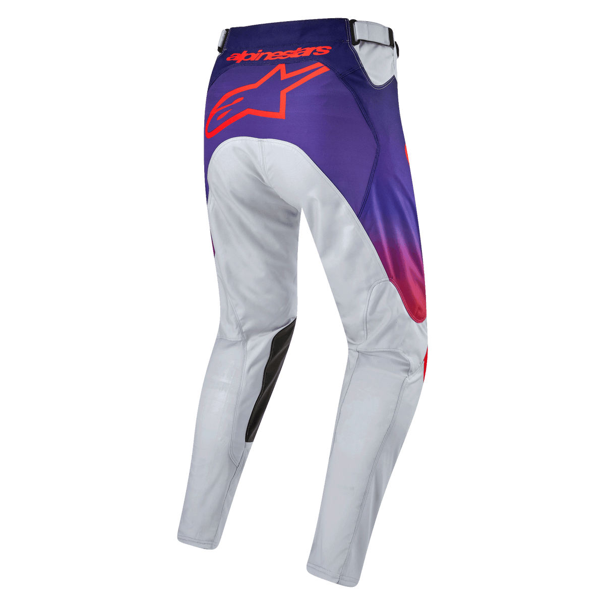Alpinestars 2024 Racer Hoen bukser, motocross off-road bukser, lysegrå med lilla og hot orange detaljer, rødt logo på bagsiden, holdbart materiale, ergonomisk pasform