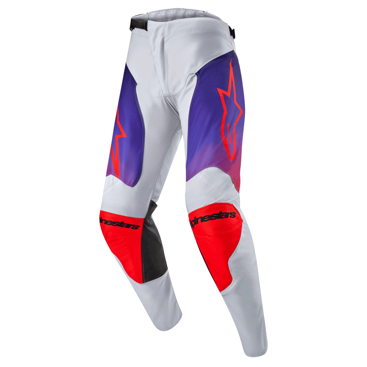 Alpinestars 2024 Racer Hoen bukser, motocross off-road bukser, lys grå med lilla gradient og hot orange detaljer, sorte logoer, ergonomisk pasform med forbuede ben, professionelt cross-udstyr