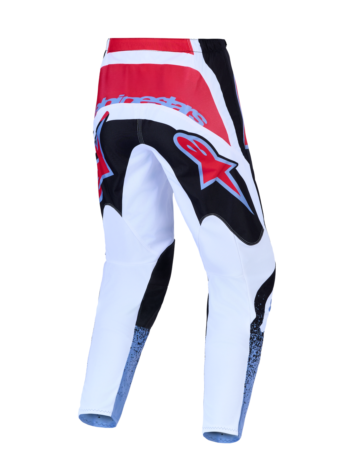 Alpinestars Fluid Drag Bukser, motocross- og off-road racingbukser, hvid, sort og rød, set bagfra, slidstærk 600D polyfabric-konstruktion med ergonomisk 3D-mønster til sportslig ydeevne.