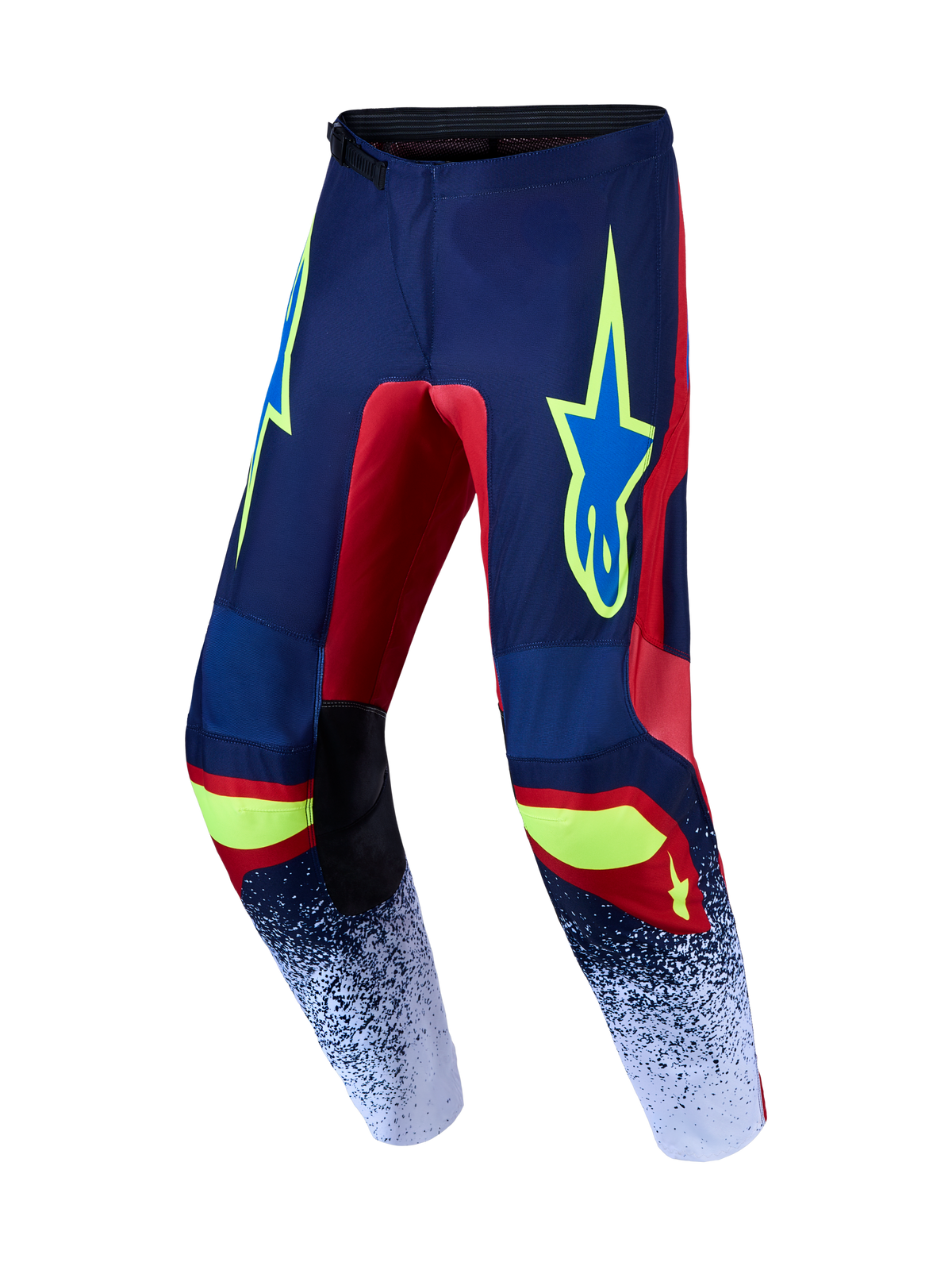 Alpinestars Fluid Drag Bukser, herre-motocrossbukser i navyblå og ildrød, slidstærkt 600D polyfabric med forbuet bendesign.