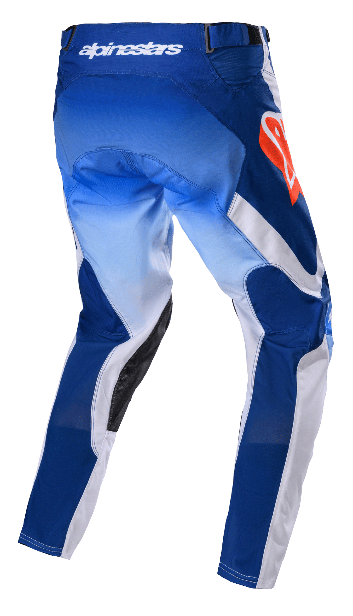 Alpinestars 2023 Racer Semi Pants, Motocross Pants, Blue Hot Orange, rear view showing gradient blue and white panels, hot orange Alpinestars logo on the hip, black leather inner leg reinforcements, technical design for off-road racing
