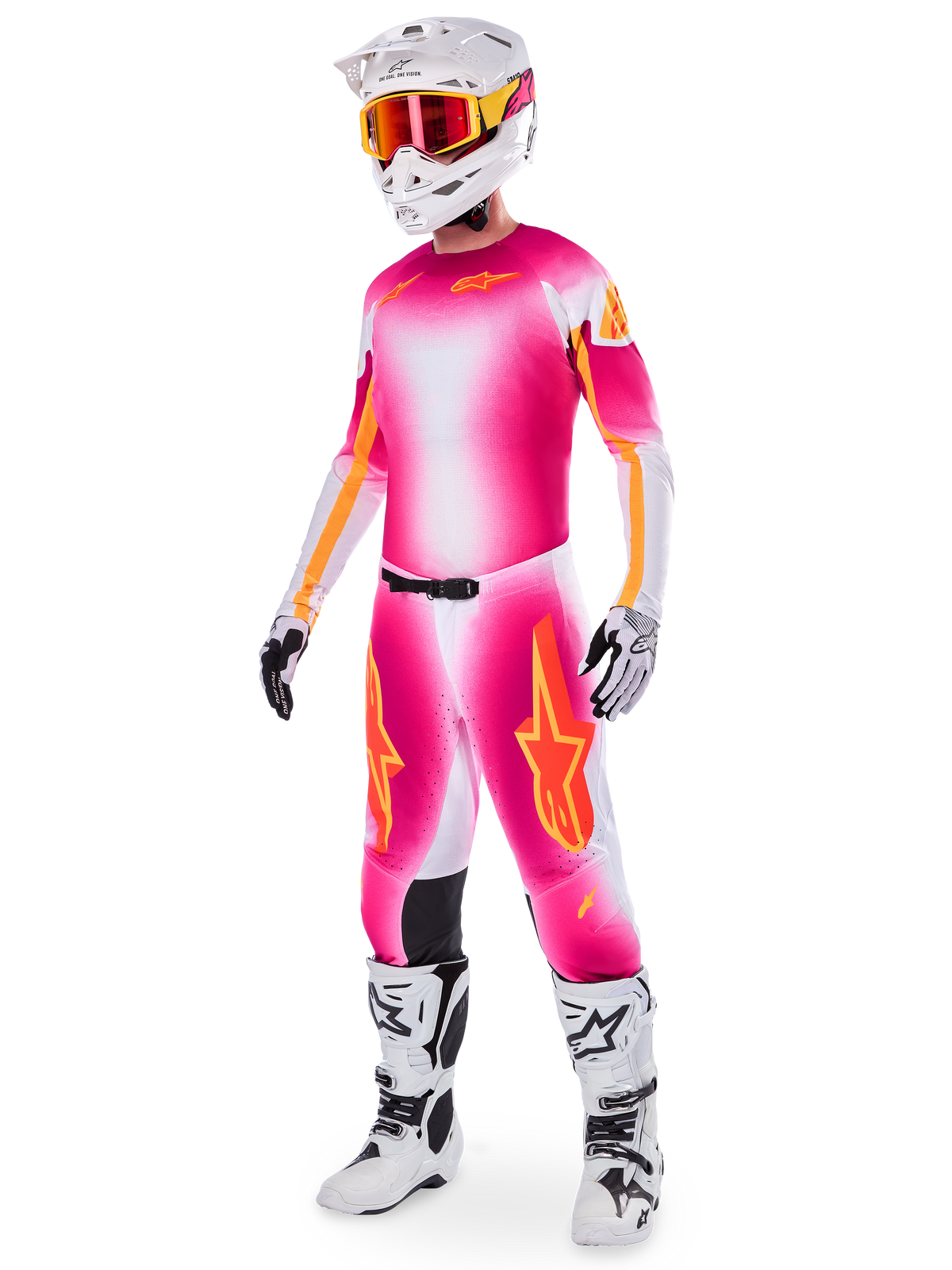 Alpinestars Supertech AFD MIG Limited Edition udstyrssæt, motocross-udstyr, trøje og bukser med lyserød fluo, hvid og orange graduering, hvid hjelm med orange goggles, hvide og sorte støvler, professionelt tøj til terrænkørsel