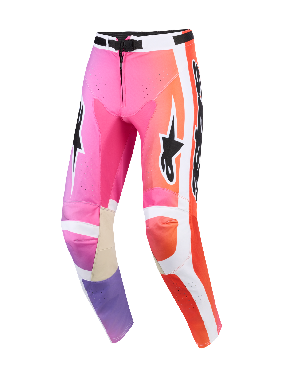 Alpinestars 2026 Racer Air Portl bukser, motocross-bukser, lyserød, orange og lilla multifarvet, med hvide sidepaneler, sorte Alpinestars-logoer, perforerede zoner for ventilation og indvendige knæforstærkninger i brunt læder