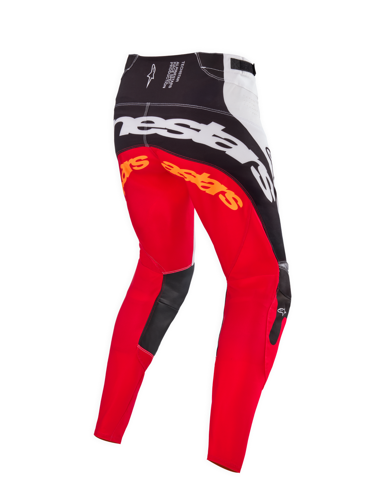 Alpinestars Limited Edition Techstar Deep Motocross Pants, Black White High Red colorway, rear view showing large white Alpinestars branding across the seat, orange logos on the upper legs, and black leather inner knee panels, designed for professional off-road racing.