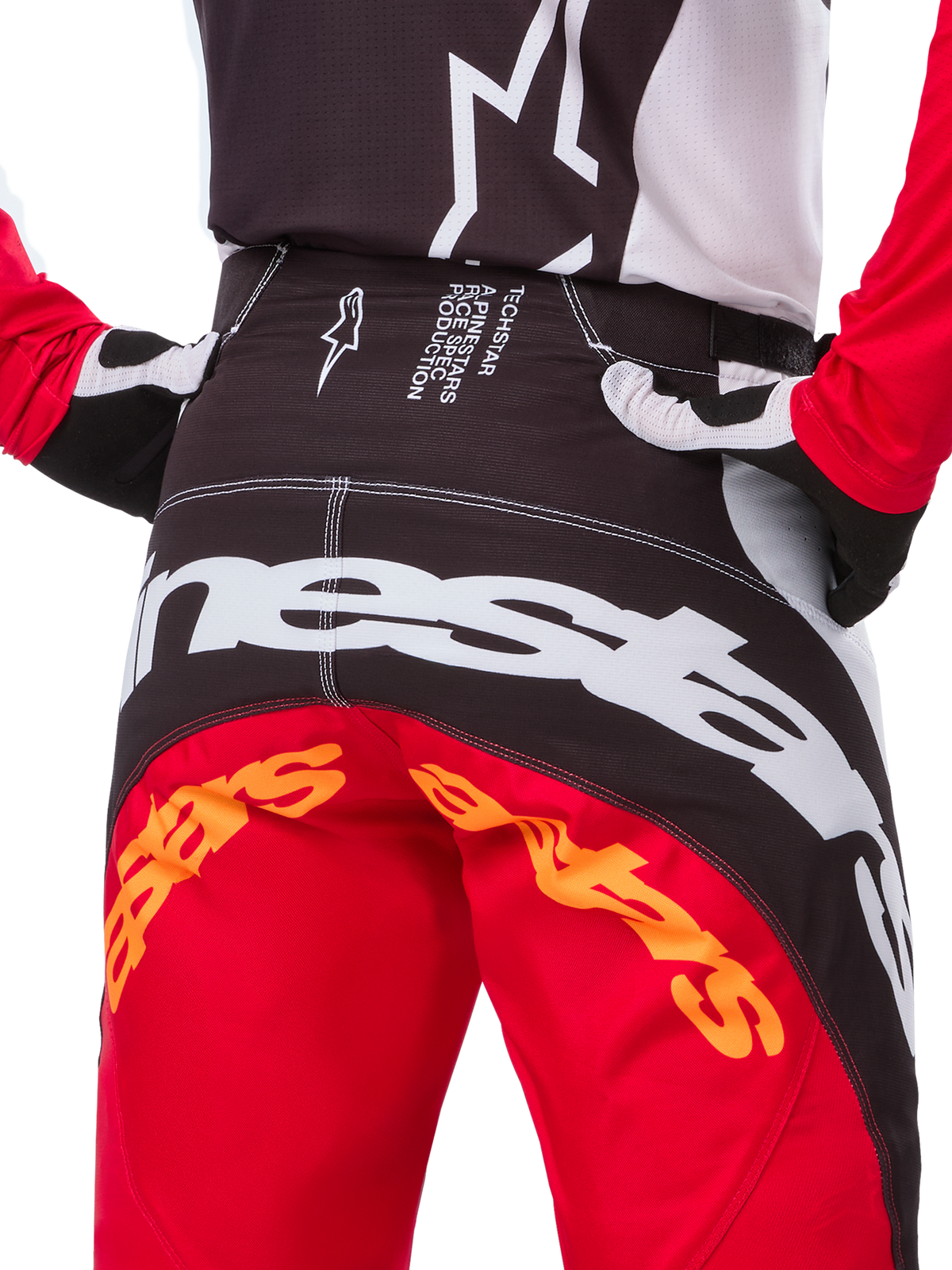 Alpinestars Limited Edition Techstar Deep bukser, motocrossbukser, sort, hvid og High Red, med et multi-panel design, forstærkede knæ og 4-vejs strækpaneler til off-road performance.