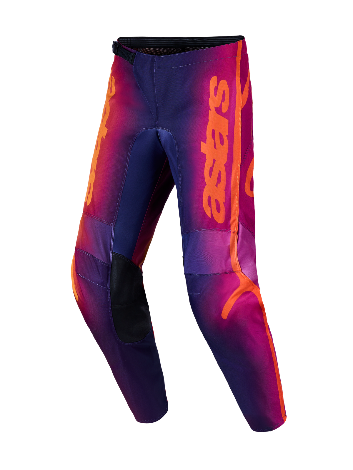 Alpinestars Fluid Kepler MX-bukser, lilla og orange, forstærkede knæ og ergonomisk 3D-mønster til terrænkørsel