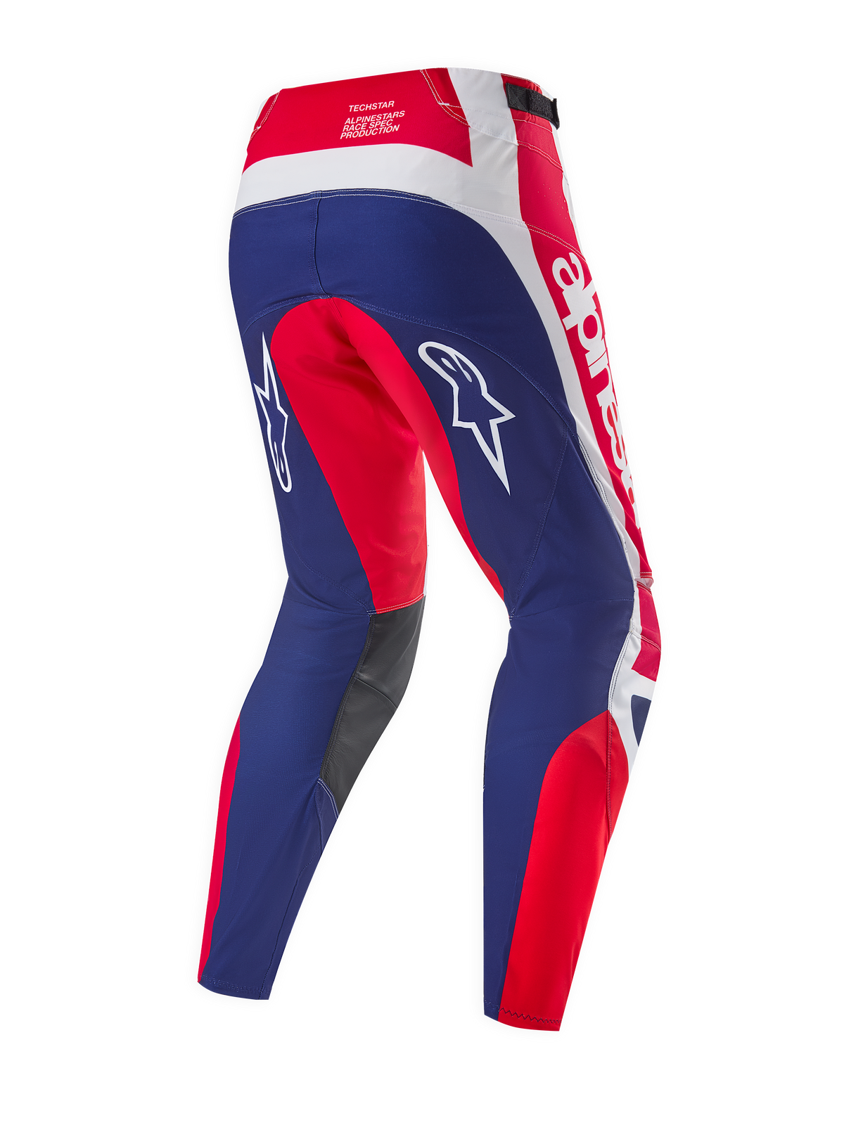 Alpinestars Limited Edition Techstar Fortitude bukser, motocross-bukser, rød, hvid og blå, set bagfra med fokus på ergonomiske racerpaneler, hvide Alpinestars-logoer, mørkegrå indvendige knæpaneler
