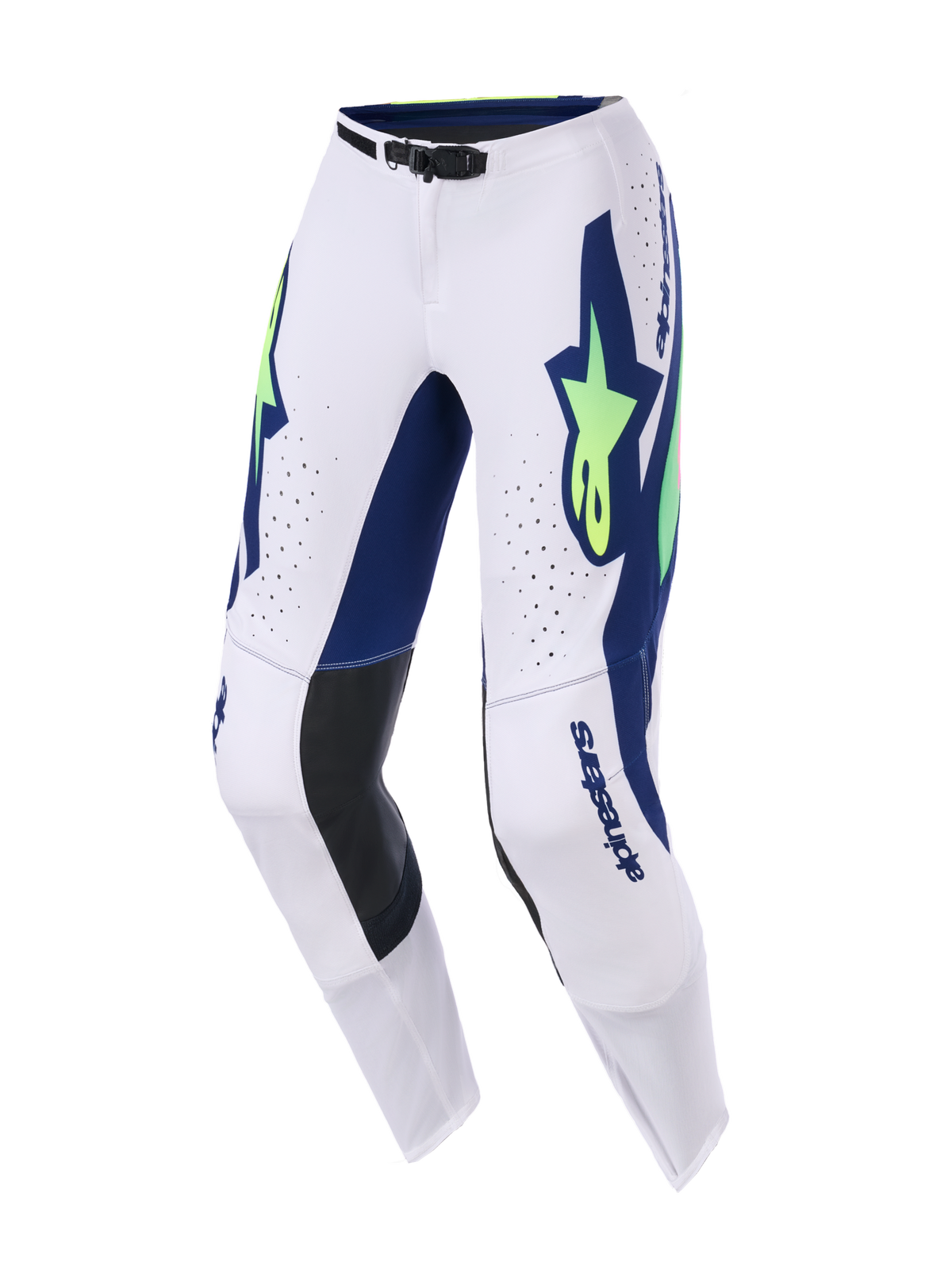 Alpinestars 2026 Supertech Vista bukser, motocrossbukser, lysegrå, neongul og blå, med markante blå og neongule logoer, laserskårne perforeringer til ventilation, sorte læderpaneler på knæene og et sikkert magnetisk taljespænde.