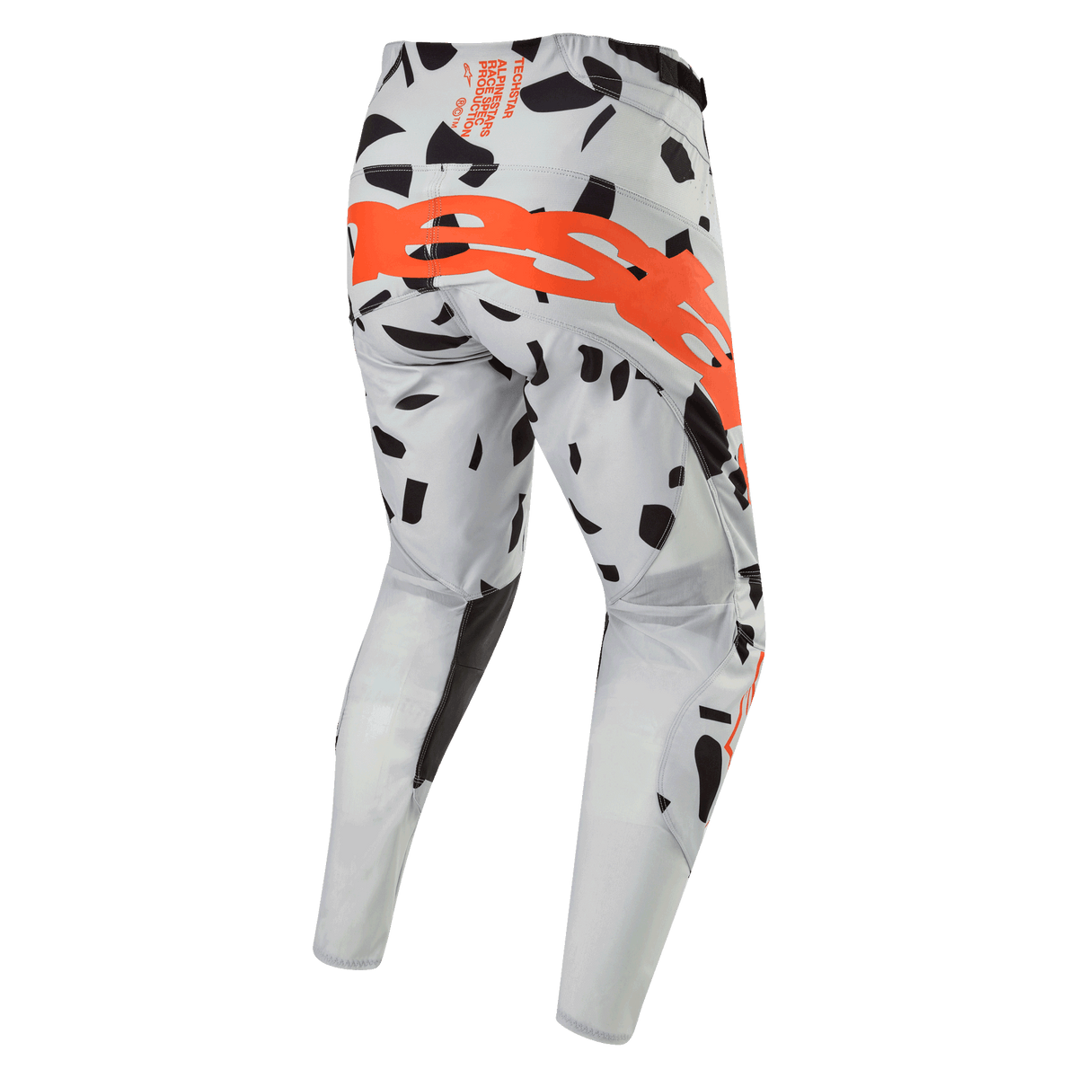 Alpinestars 2024 Techstar Rantera bukser, motocrossbukser, Haze Gray Camo, set bagfra med stort orange logo hen over sædet, sorte grafiske mønstre på gråt stof, atletisk design til off-road ydeevne
