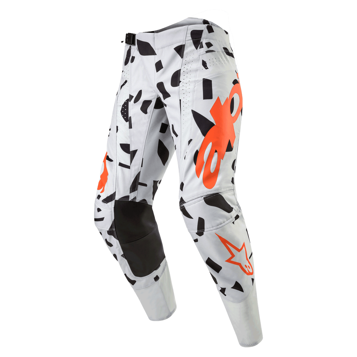 Alpinestars 2024 Techstar Rantera bukser, motocross-bukser, Haze Gray Camo, lysegrå med sorte abstrakte former og orange logoer, forstærkede sorte knæ, professionelt off-road racerudstyr