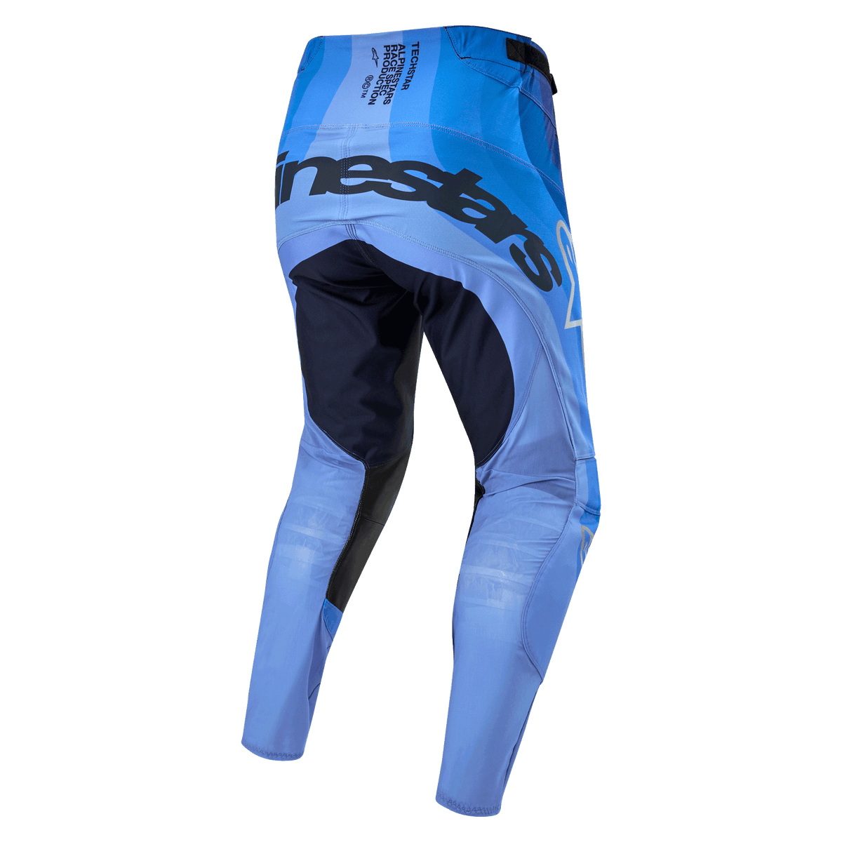 Alpinestars 2024 Techstar Pneuma Pants, Motocross Pants, Dark Navy and Light Blue, rear view featuring bold branding on the seat, dark navy reinforced inner thigh panels, and lightweight light blue chassis for off-road performance.