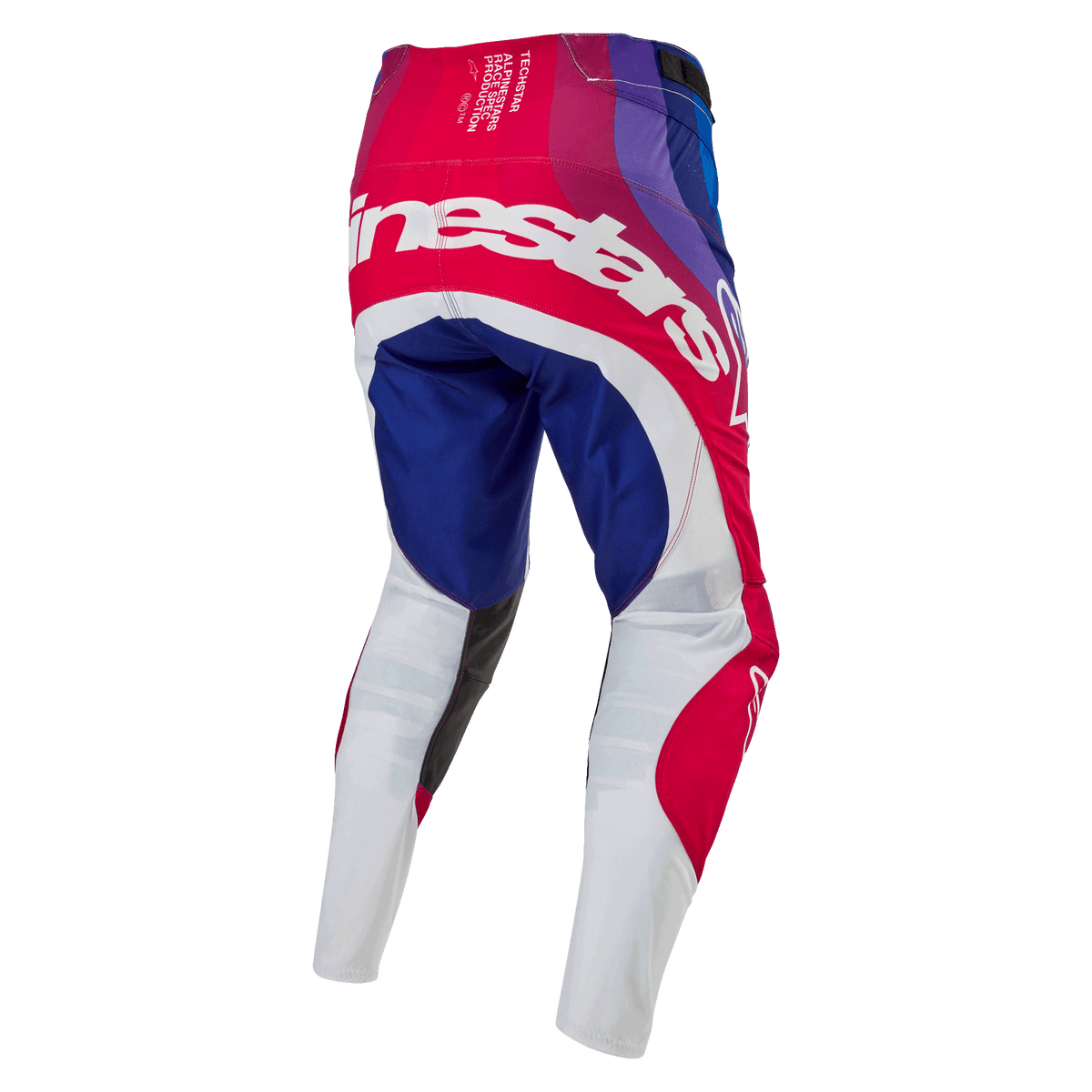 Alpinestars 2024 Techstar Pneuma bukser, motocross-bukser, Blue Mars rød og hvid, set bagfra med stort hvidt Alpinestars-logo på tværs af bagen, blå og røde paneler med hvide underben, slidstærkt design til off-road konkurrence