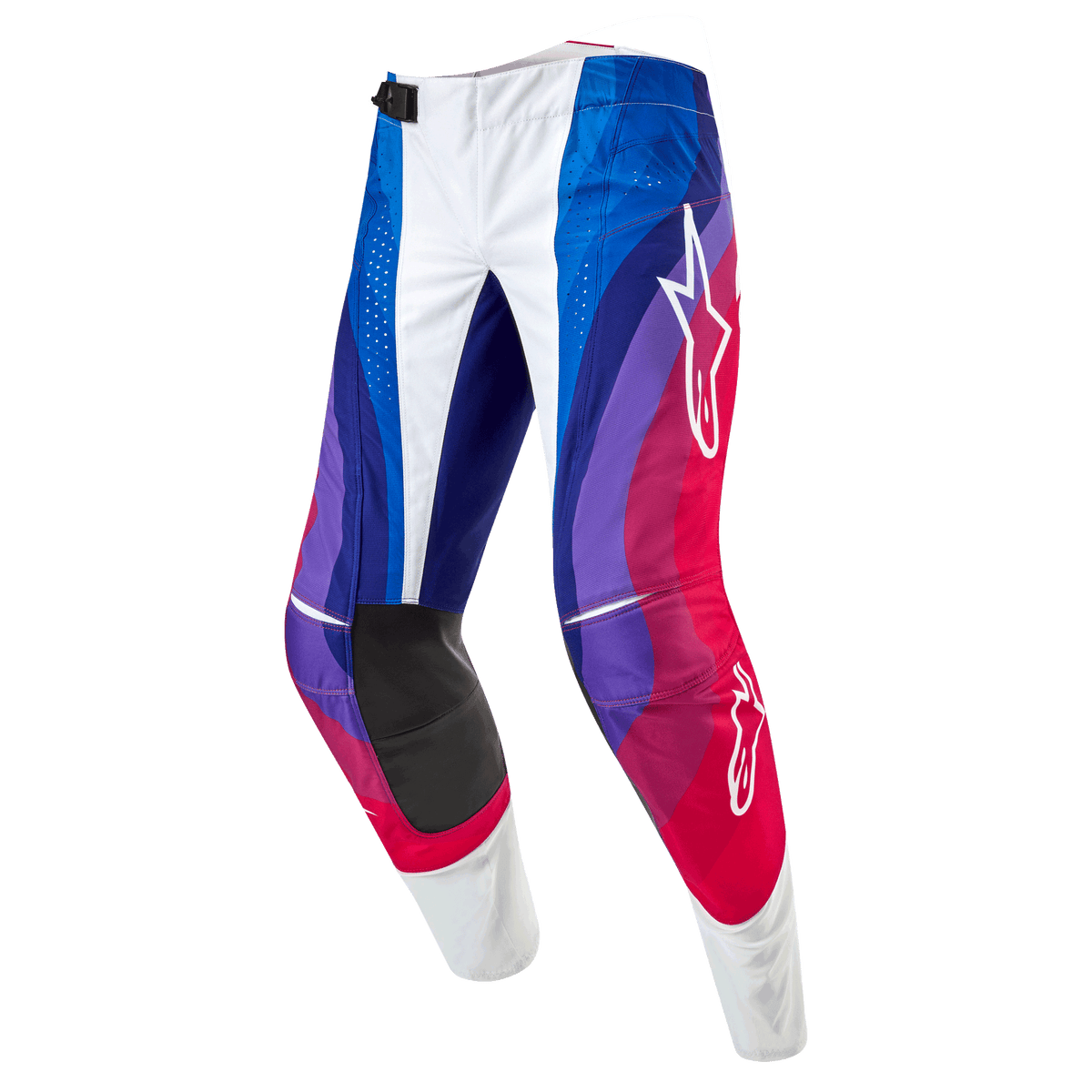 Alpinestars 2024 Techstar Pneuma bukser, motocrossbukser, Blu Mars Red White, med et dynamisk bølgemønster i blå, lilla og røde nuancer, hvide Alpinestars-logoer og slidstærke sorte indvendige knæpaneler