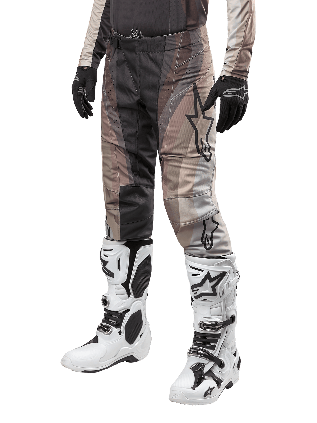 Alpinestars 2024 Techstar Pneuma Pants, Motocross Pants, Dark Sand and Iron Dust Gray, worn with white and black boots and black gloves, featuring a wavy pattern with a large star logo, durable gear for off-road racing