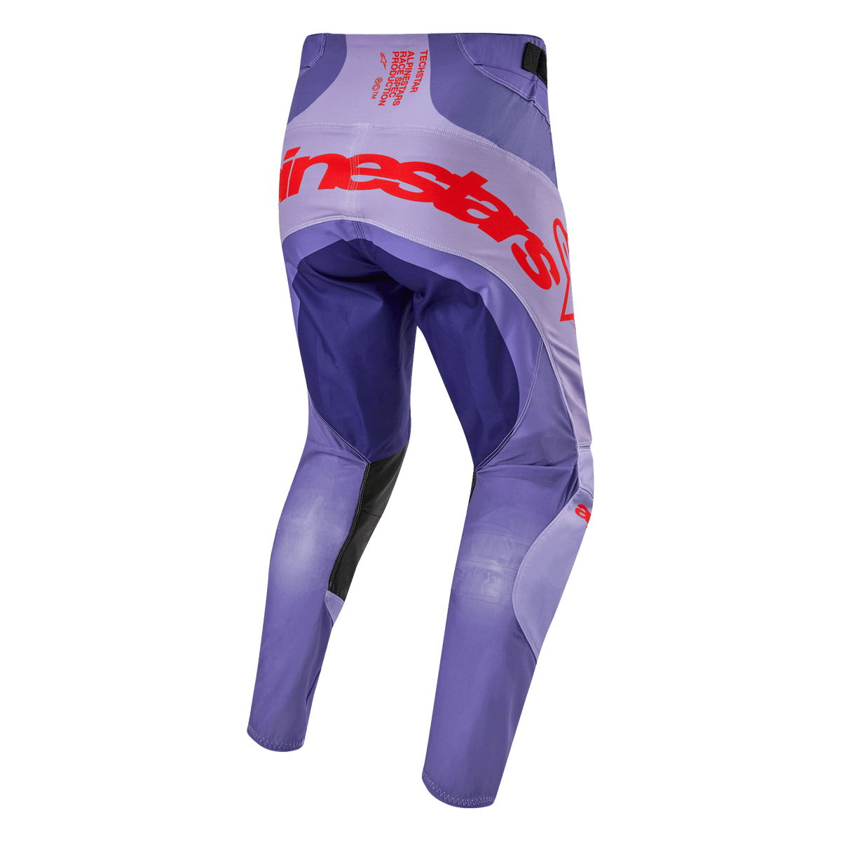 Alpinestars 2024 Techstar Ocuri bukser, motocross off-road bukser, lilla med røde logodetaljer, set bagfra, racer-inspireret snit, holdbart og åndbart materiale til terrænkørsel