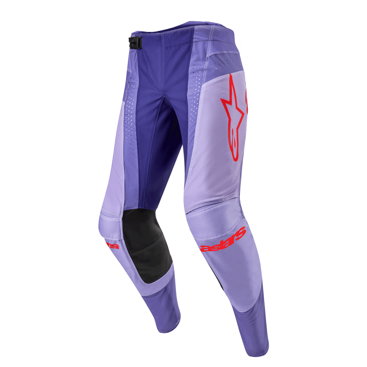 Alpinestars 2024 Techstar Ocuri bukser, motocross terrænbukser, lilla med neon orange detaljer, røde logoer, sorte læderpaneler på knæene, magnetisk SX2-spænde, holdbart off-road racerudstyr