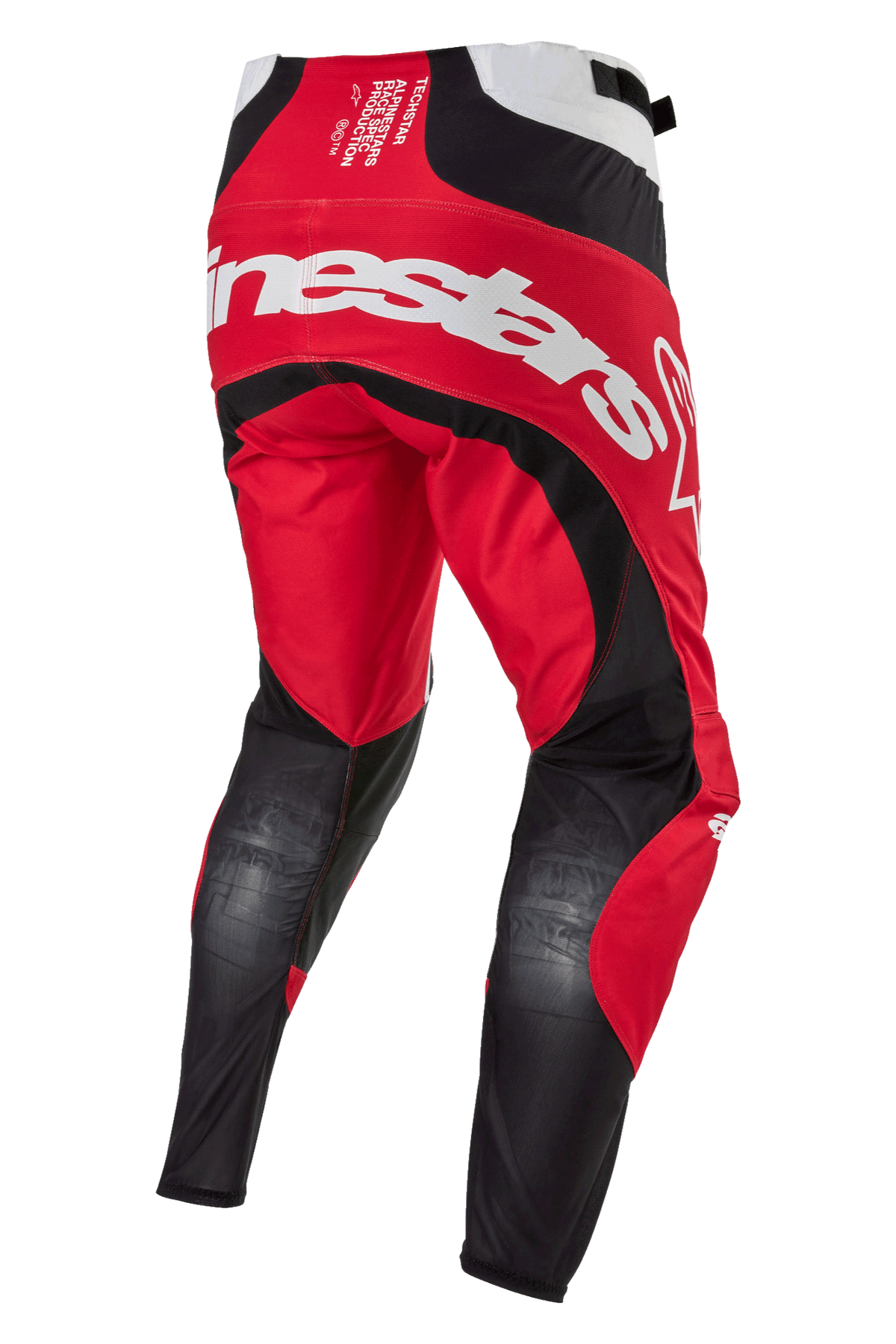 Alpinestars 2024 Techstar Ocuri bukser, motocross-bukser, Mars rød, hvid og sort, set bagfra med stort hvidt Alpinestars-logo over bagen, åndbare sorte mesh-paneler på bagsiden af benene og holdbar rød tekstilkonstruktion til off-road racing