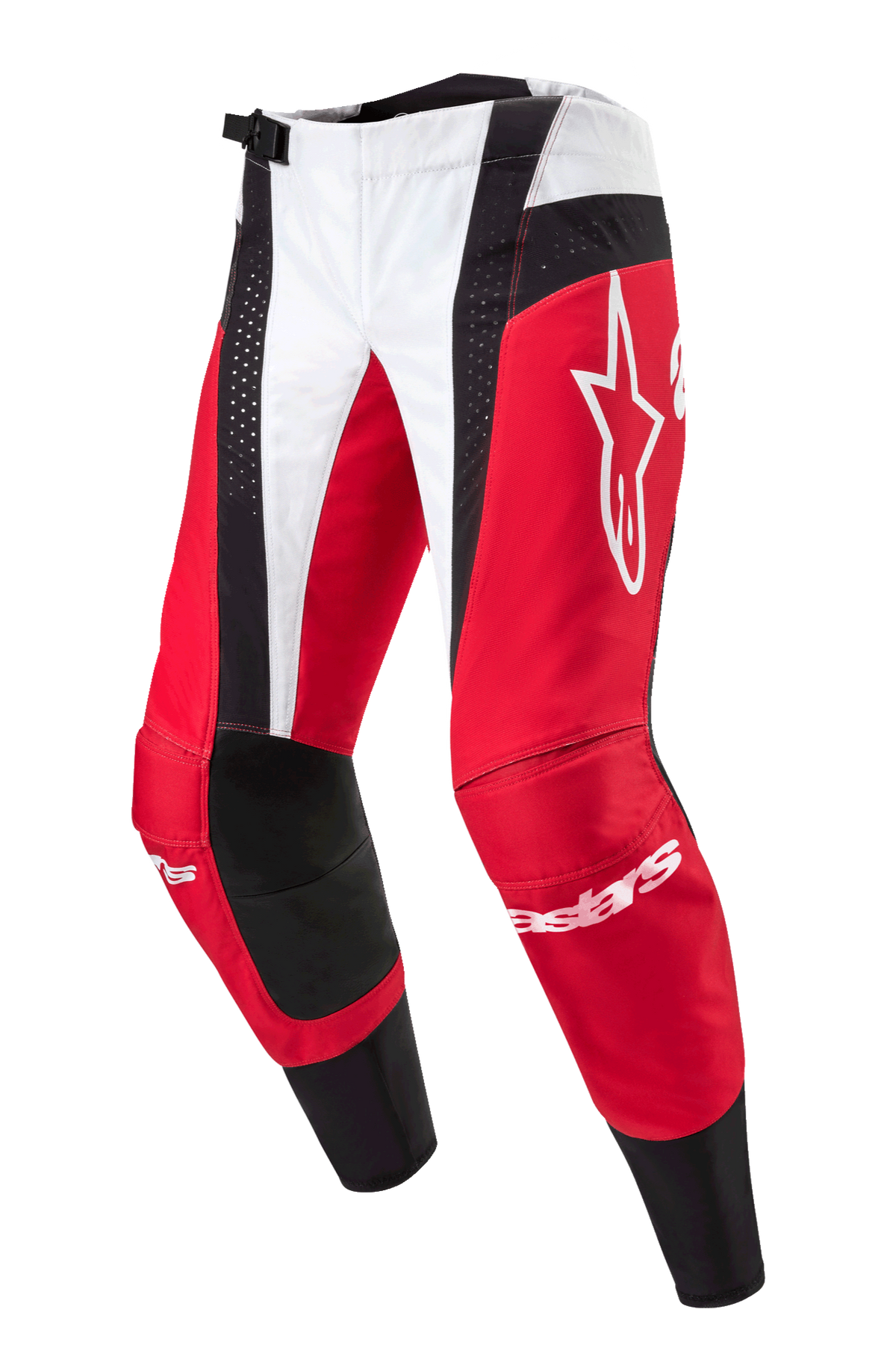 Alpinestars 2024 Techstar Ocuri bukser, motocrossbukser, Mars rød, hvid og sort, med røde og hvide paneler med sorte perforerede detaljer, stort hvidt Astar-logo på låret, Alpinestars-branding på skinnebenene, holdbart design til off-road racing