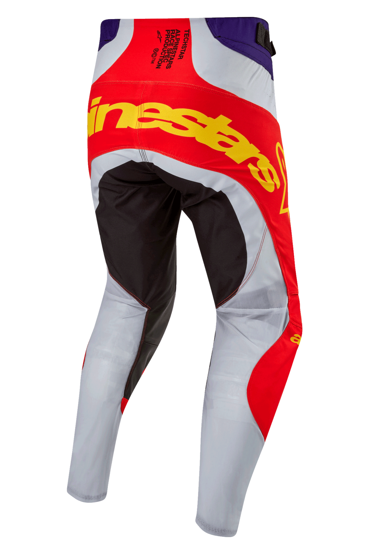 Alpinestars 2024 Techstar Ocuri bukser, motocrossbukser, Hot Orange, lilla og sort, set bagfra med markant gul branding over sædet, sorte forstærkede paneler og lysgrå ventilerede ben