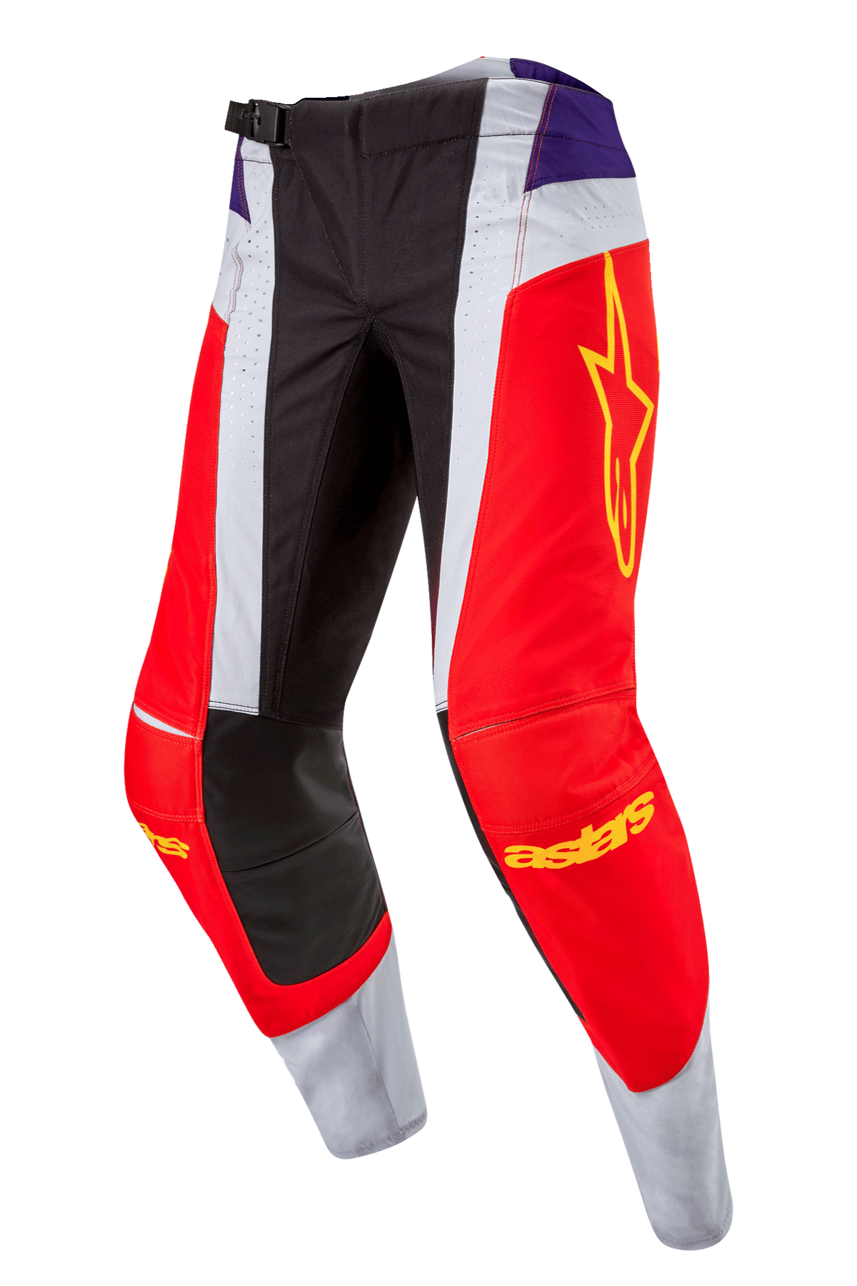 Alpinestars 2024 Techstar Ocuri bukser, motocross-bukser, hot orange, lilla og sort, med røde og hvide paneler, lilla detaljer ved hoften, gult stjernelogo på låret, sorte forstærkede knæ, atletisk design til terrænkørsel