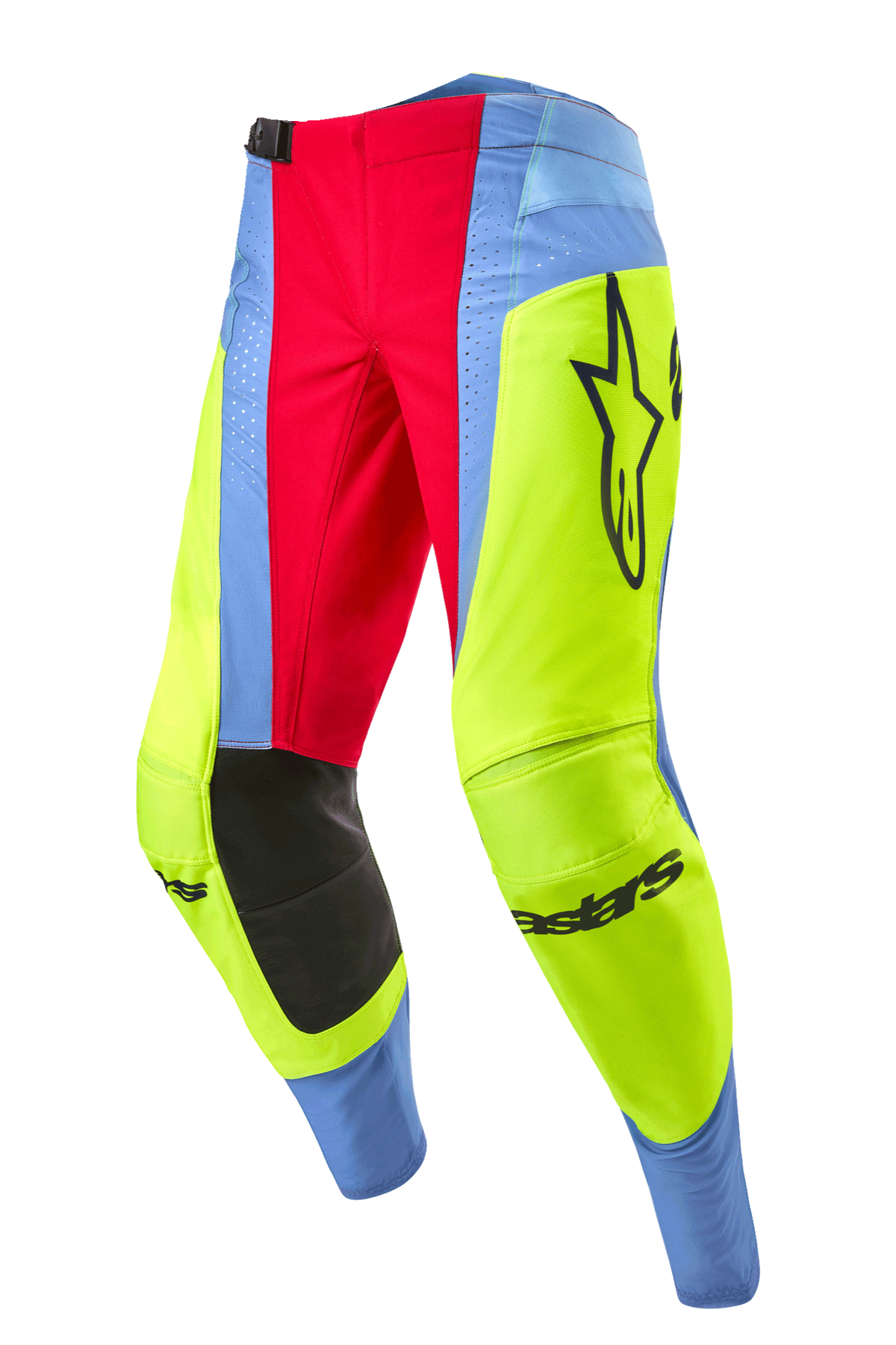Alpinestars 2024 Techstar Ocuri bukser, motocross-bukser, lyseblå, neon gul og rød, med sorte indvendige knæpaneler, iøjnefaldende Alpinestars-logo og farverige paneler til off-road racing.