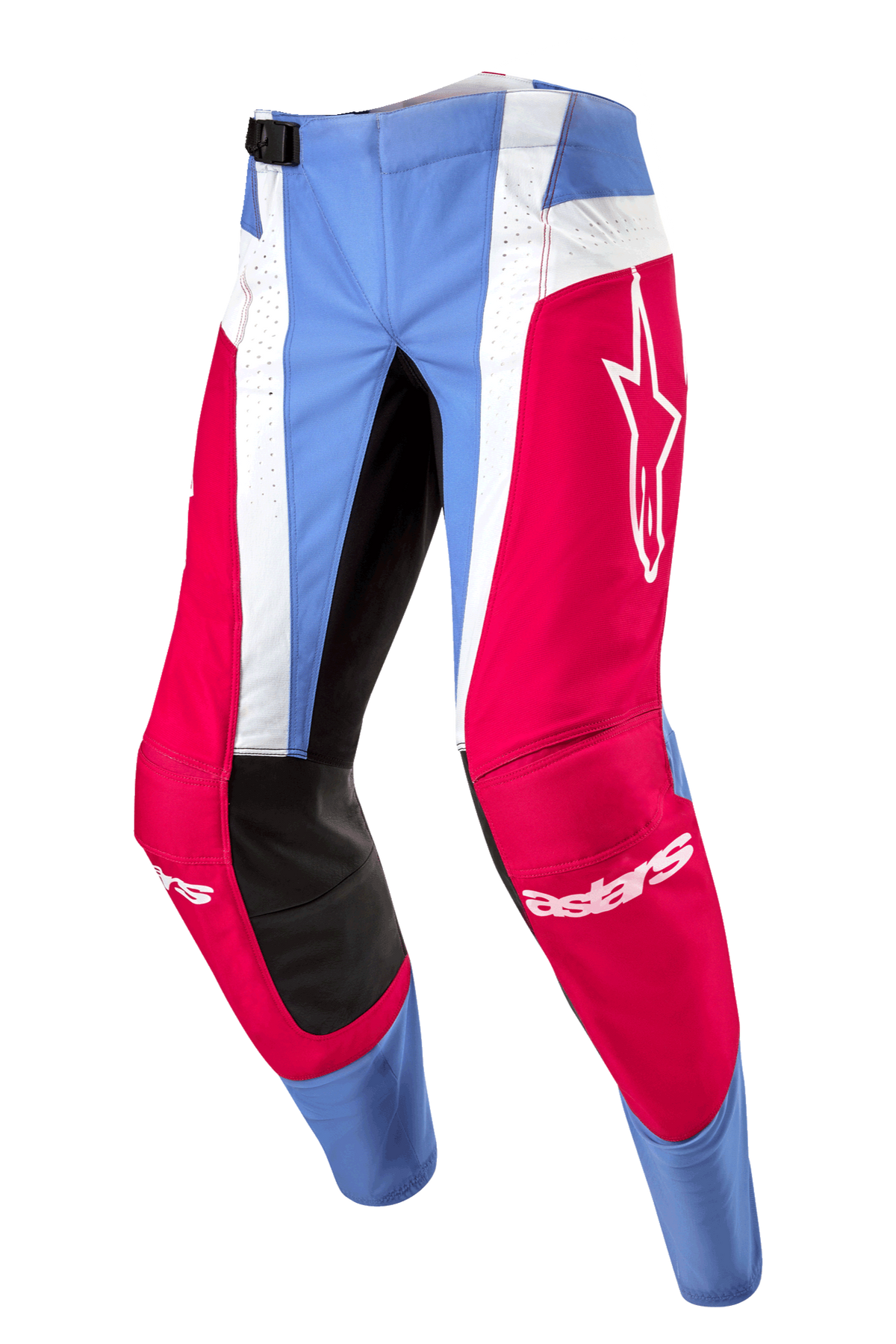 Alpinestars 2024 Techstar Ocuri bukser, motocrossbukser, lyseblå, Mars rød og hvid, røde paneler med hvidt stjernelogo, sorte indvendige knæforstærkninger og hvide perforerede lodrette striber for luftgennemstrømning