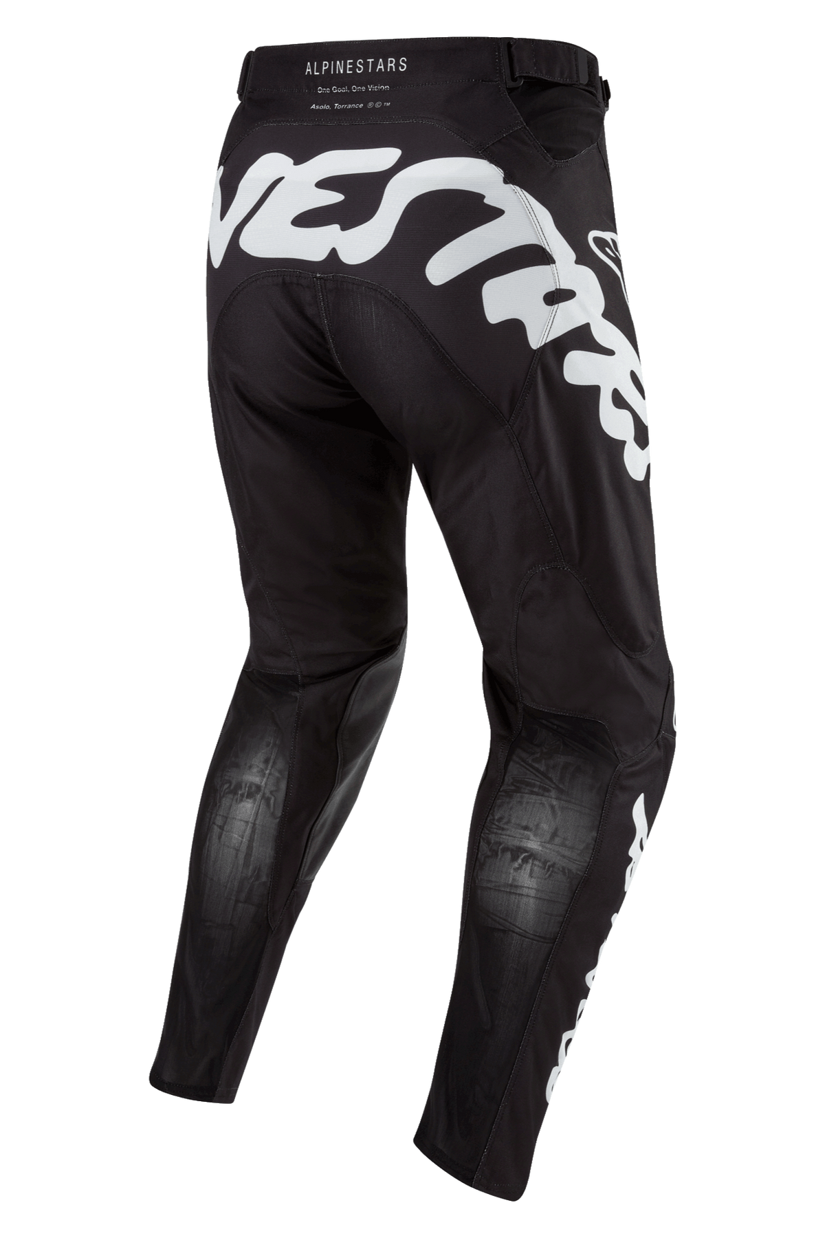 Alpinestars 2024 Racer Hana bukser, motocross- og terrænbukser, sort og hvid, set bagfra med stor hvid grafik, ergonomisk design med strækpaneler og forstærket materiale