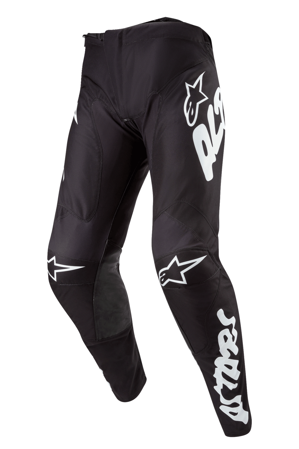 Alpinestars 2024 Racer Hana bukser, motocross- og terrænbukser, sort med hvide logoer, ergonomisk design med forbuede ben, holdbart og strækbart materiale til off-road kørsel