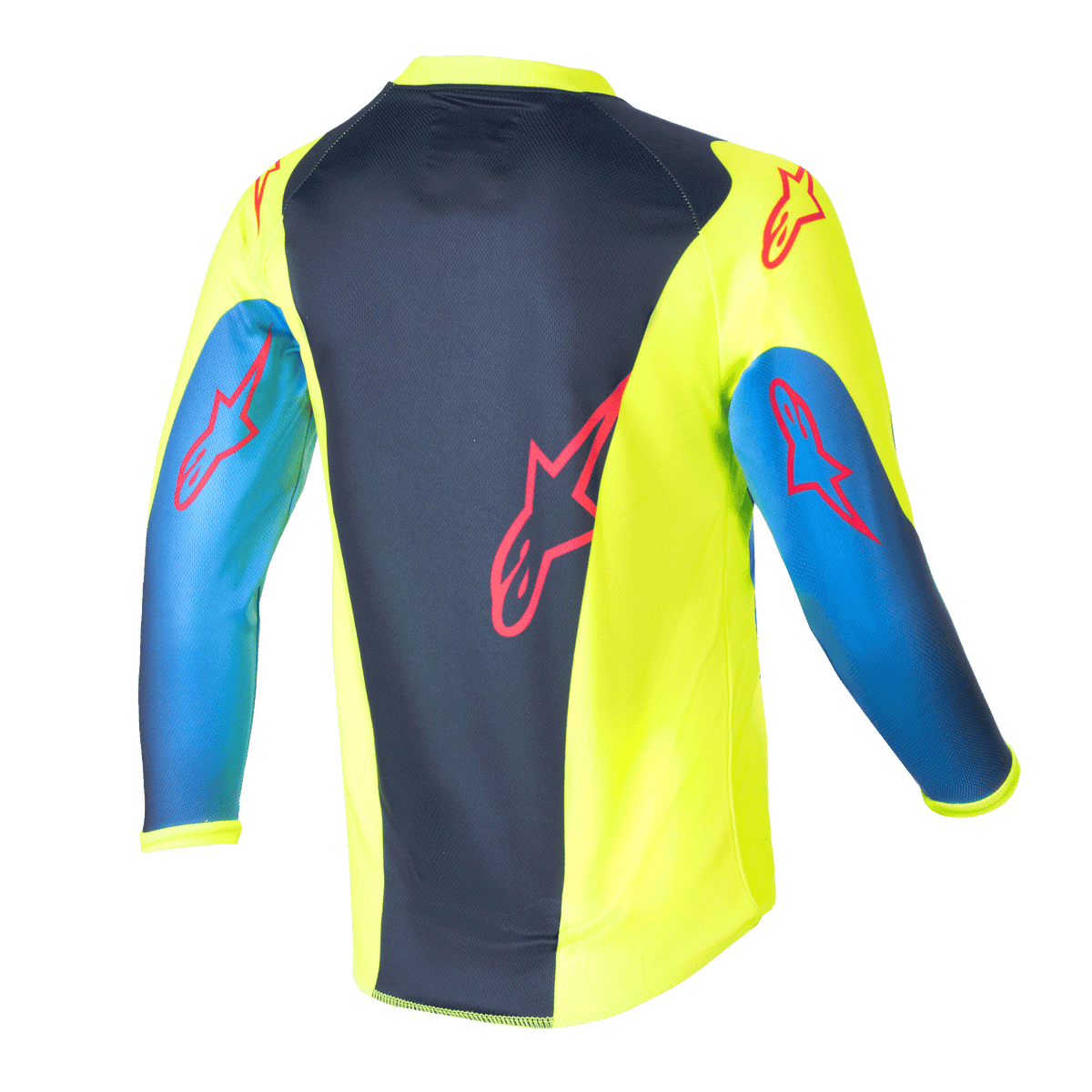 Alpinestars Kids 2024 Racer Graphic 1 trøje, motocross-trøje, gul fluo og mørkeblå, set bagfra med røde stjernelogoer, levende design med mørkeblåt midterpanel og gule sider, letvægts poly-stof til off-road kørsel