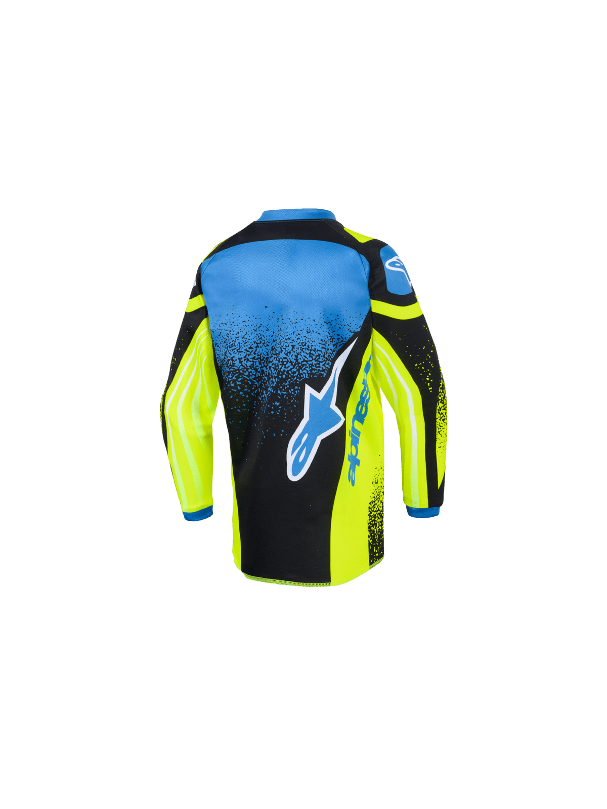 Alpinestars 2026 Kids Racer Nomur Jersey, Motocross Jersey, Yellow Blue and Black, back view showing a large blue and white star logo, gradient speckled pattern, and extended rear hem for off-road racing