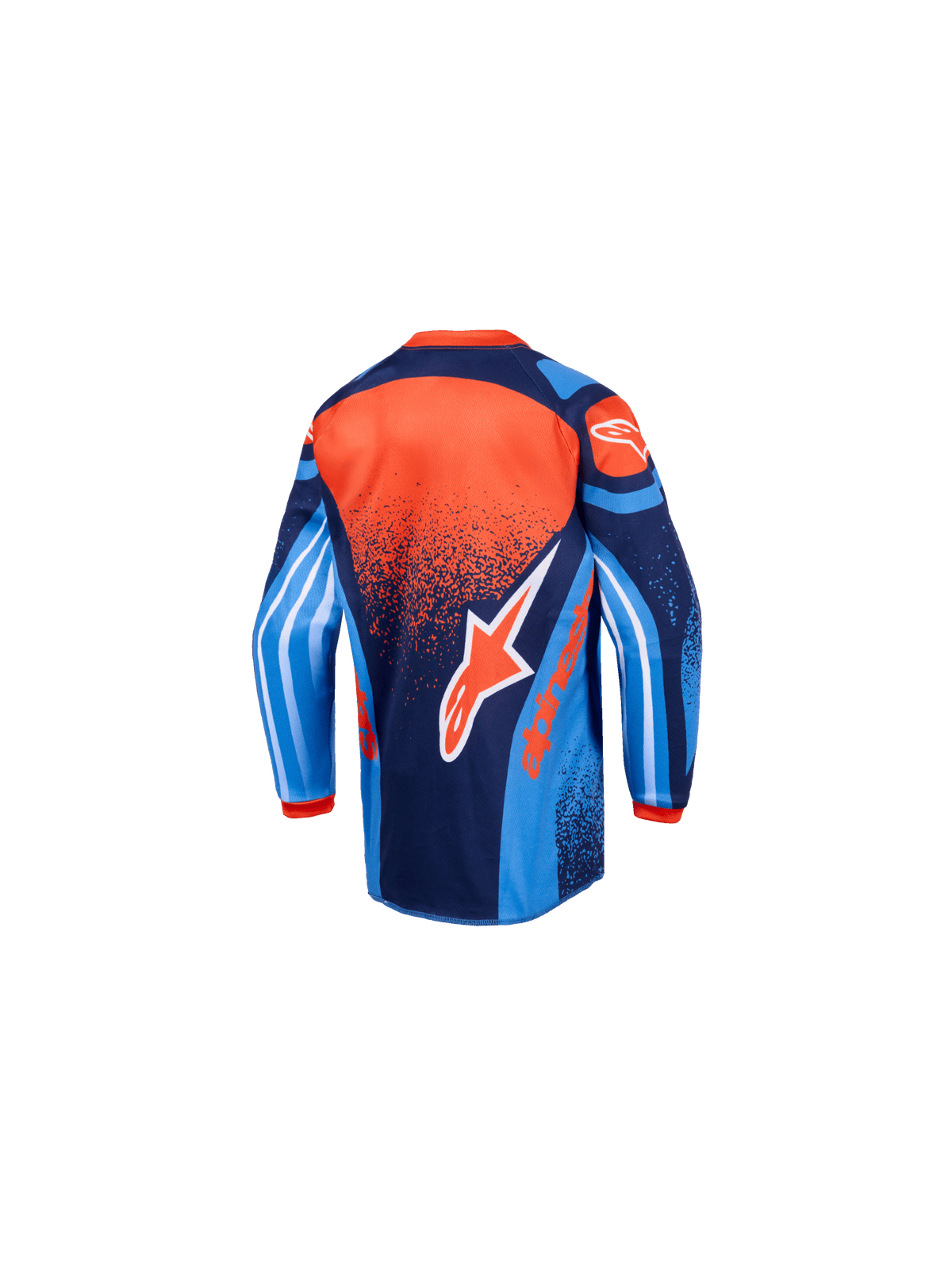 Alpinestars 2026 Kids Racer Nomur Jersey, motocross-trøje, mørkeblå, orange og UCLA-blå, set bagfra, med stort Alpinestars-branding, forlænget rygstykke og ærmer med levende grafik til off-road kørsel for børn.