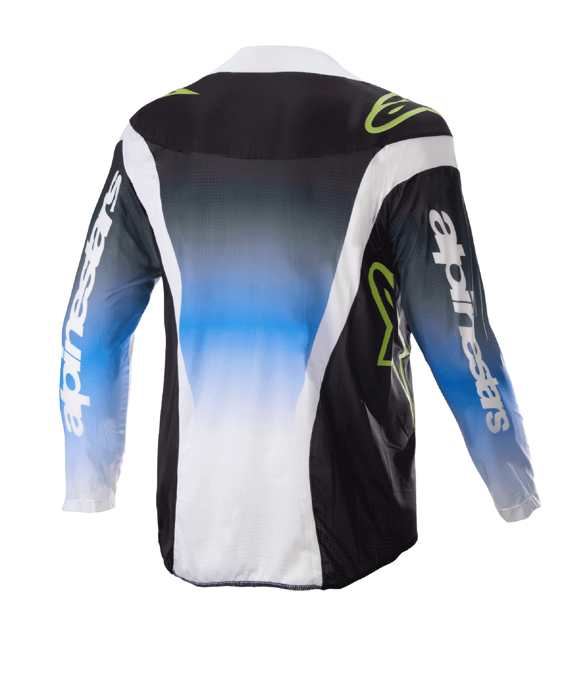 Alpinestars Kids 2023 Racer Push trøje, motocross-trøje til børn, Nightlife UCLA blå, hvid og sort, set bagfra med blå-til-hvid farveovergang i midten, limegrønne logoer og hvide sideaccenter, langærmet off-road køreudstyr