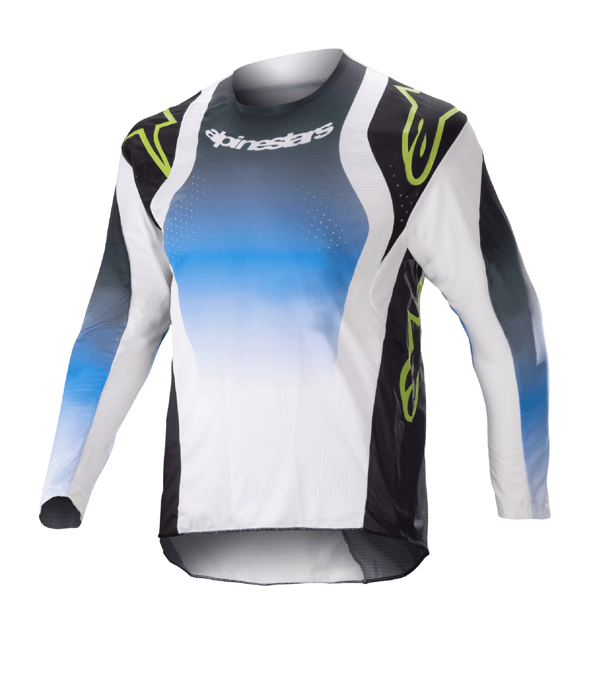 Alpinestars Kids 2023 Racer Push Jersey, langærmet motocross-trøje til børn, blå, hvid og sort med neongrønne detaljer, gradient-design med Alpinestars-logo på brystet, letvægts åndbart stof til off-road-performance