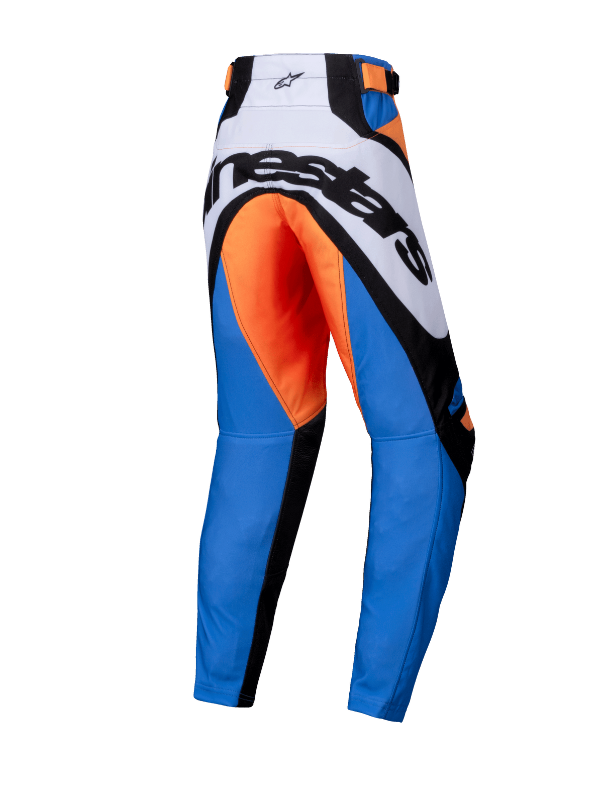 Alpinestars 2025 Youth Racer Melt bukser, motocrossbukser til unge, orange og blå, set bagfra med markant sort Alpinestars-branding på hvidt bærestykke, orange sædeområde, blå ben og sorte forstærkede paneler, ergonomisk design til off-road racing
