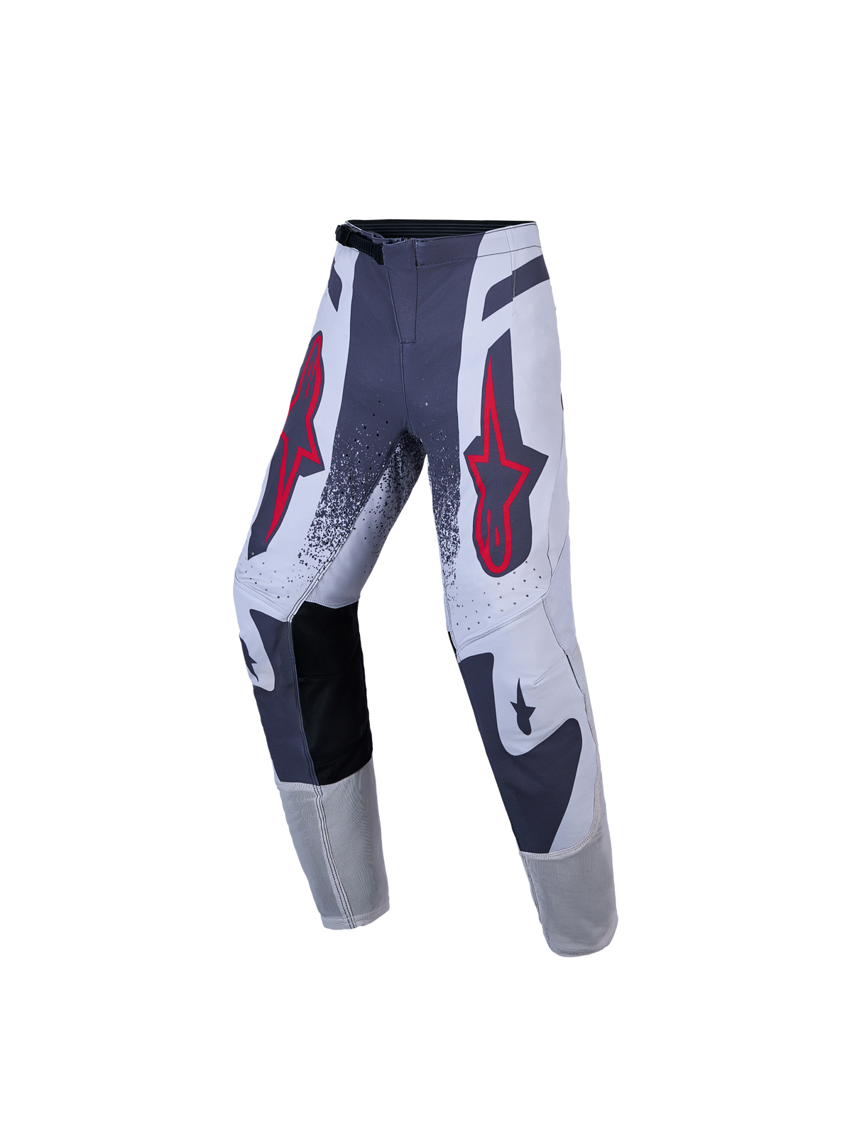 Alpinestars Ungdom Supertech Swan bukser, motocrossbukser i grå og hvid med røde stjernelogoer, atletisk stretch rip-stop.