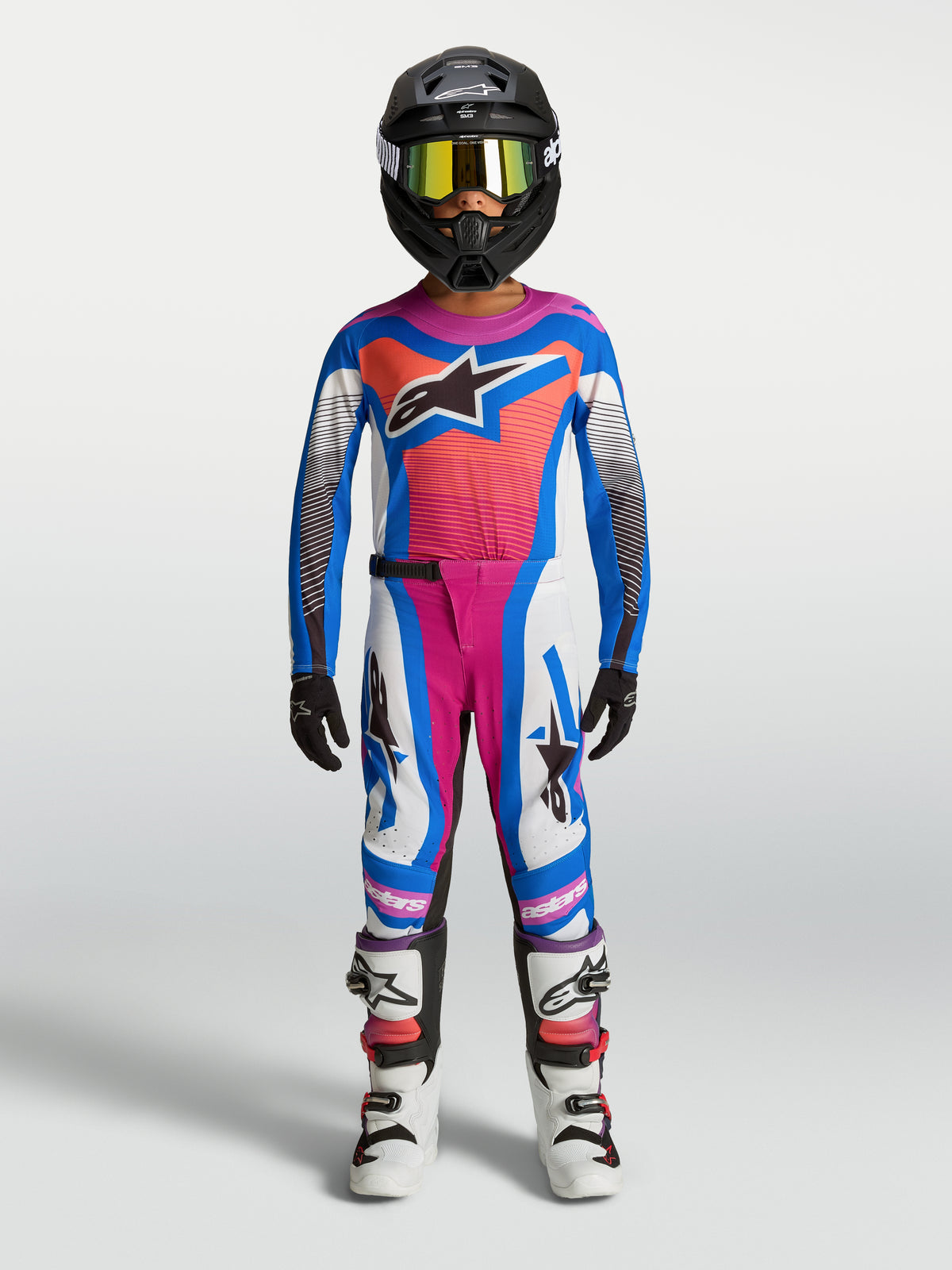 Alpinestars Youth Supertech Maven bukser, motocrossbukser til unge, hvid, hot coral og blå, atletisk pasform og ripstop.