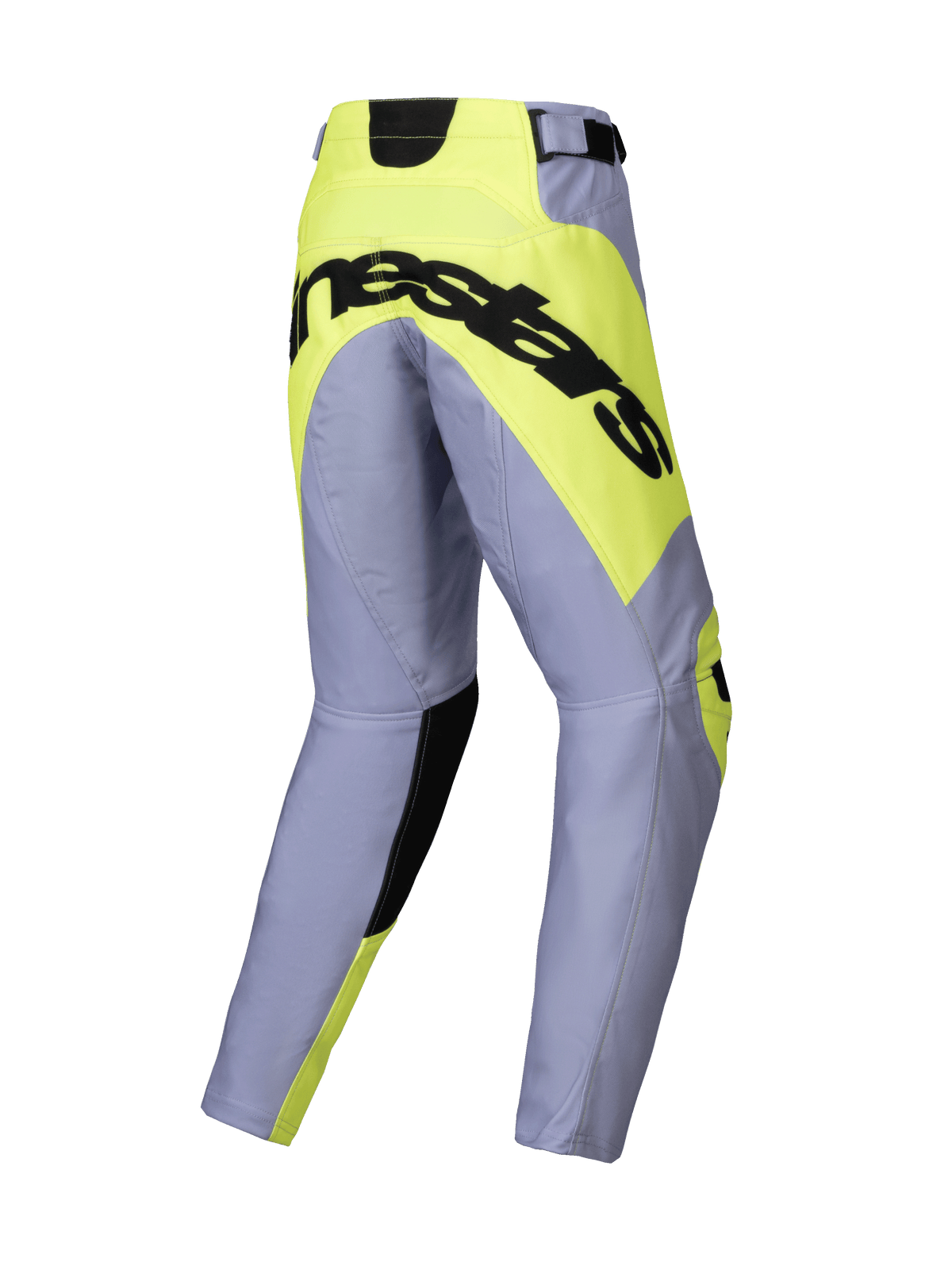 Alpinestars 2025 Youth Racer Veil bukser, motocrossbukser, grå og neongul, set bagfra med et markant sort Alpinestars-logo på det neongule sædepanel, forbuede ben til off-road kørsel
