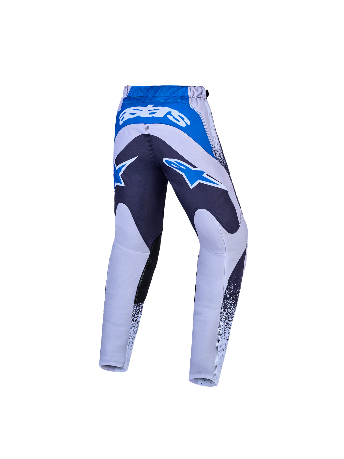 Alpinestars Fluid Drag Bukser Ungdom, set bagfra, grå og blå, slidstærkt motocross-udstyr i tekstil med ergonomisk forbøjet pasform til terrænkørsel.
