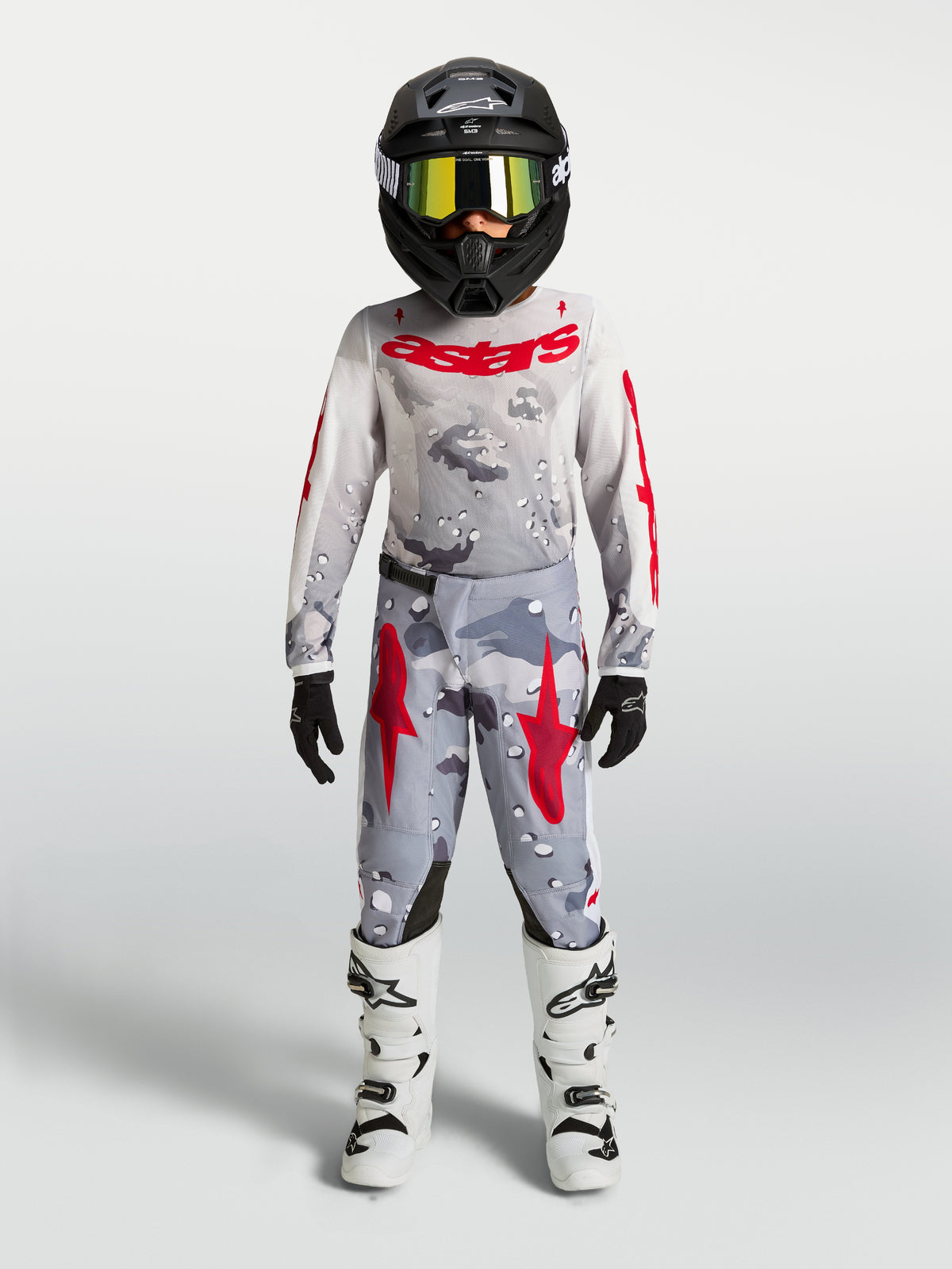 Alpinestars Youth Fluid Lone Pants, motocross racing, gray camo and fire red, durable textile construction.
