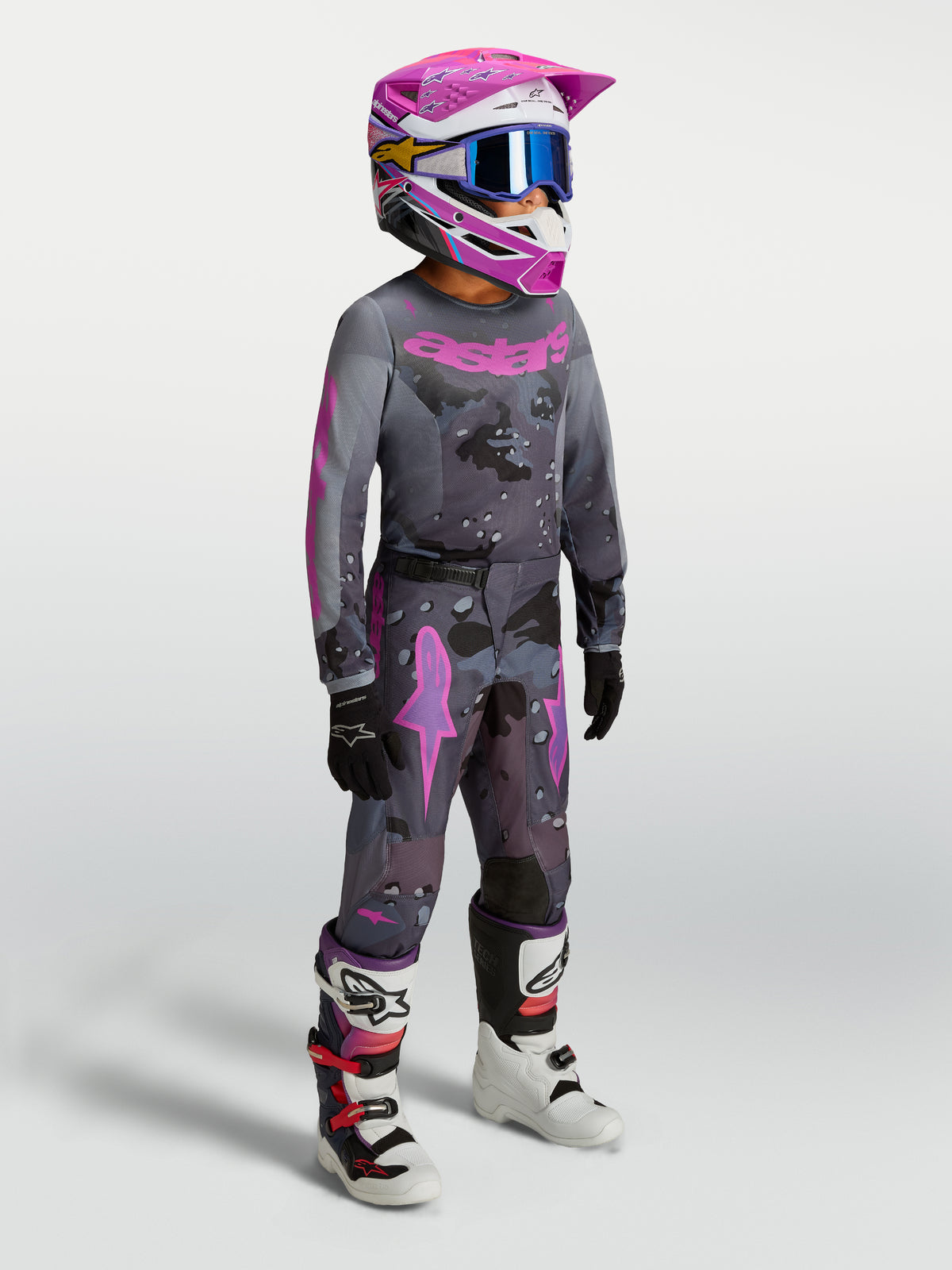 Alpinestars Youth Fluid Lone Pants, Youth Motocross Gear, Gray Camo and Purple, worn with a matching jersey and helmet.