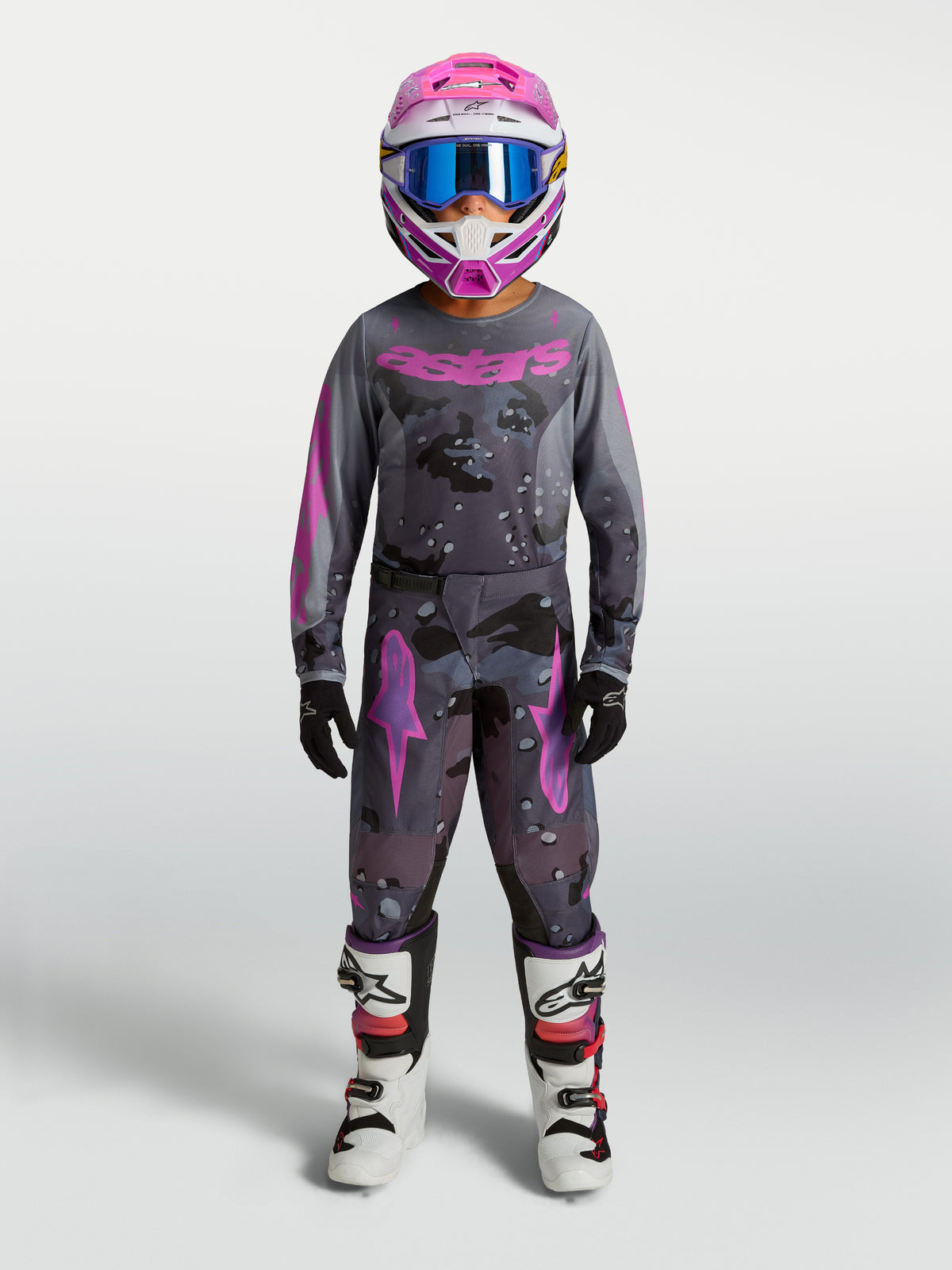 Alpinestars Youth Fluid Lone Pants, Gray Camo and Purple Motocross Gear, durable 600D polyfabric with ergonomic 3D pattern.