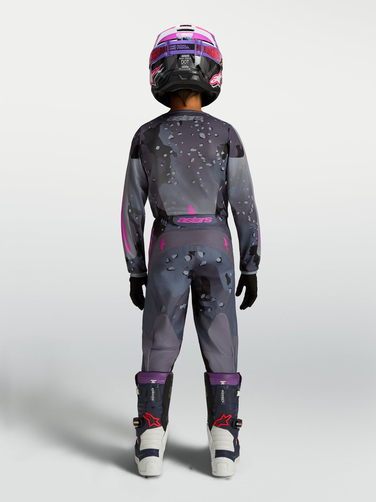Alpinestars Youth Fluid Lone Pants, Youth Motocross Riding Pants, Gray Camo Purple, durable textile back view on-model.