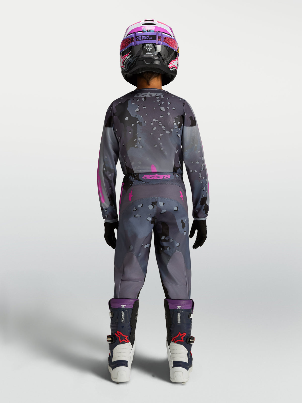 Alpinestars 2027 Youth Fluid Lone Jersey and pants, gray camo and purple motocross gear, rear view on rider.