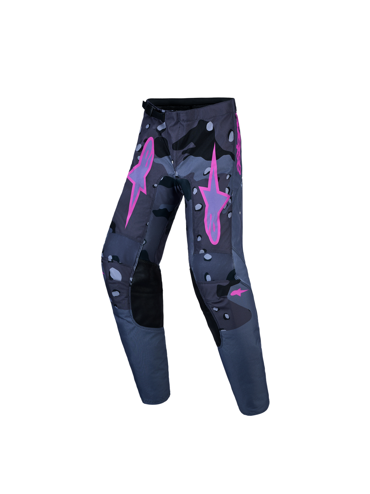 Alpinestars Ungdom Fluid Lone V2 bukser, motocrossbukser i mørkegrå camo med pink stjernelogoer og forstærkede knæ.