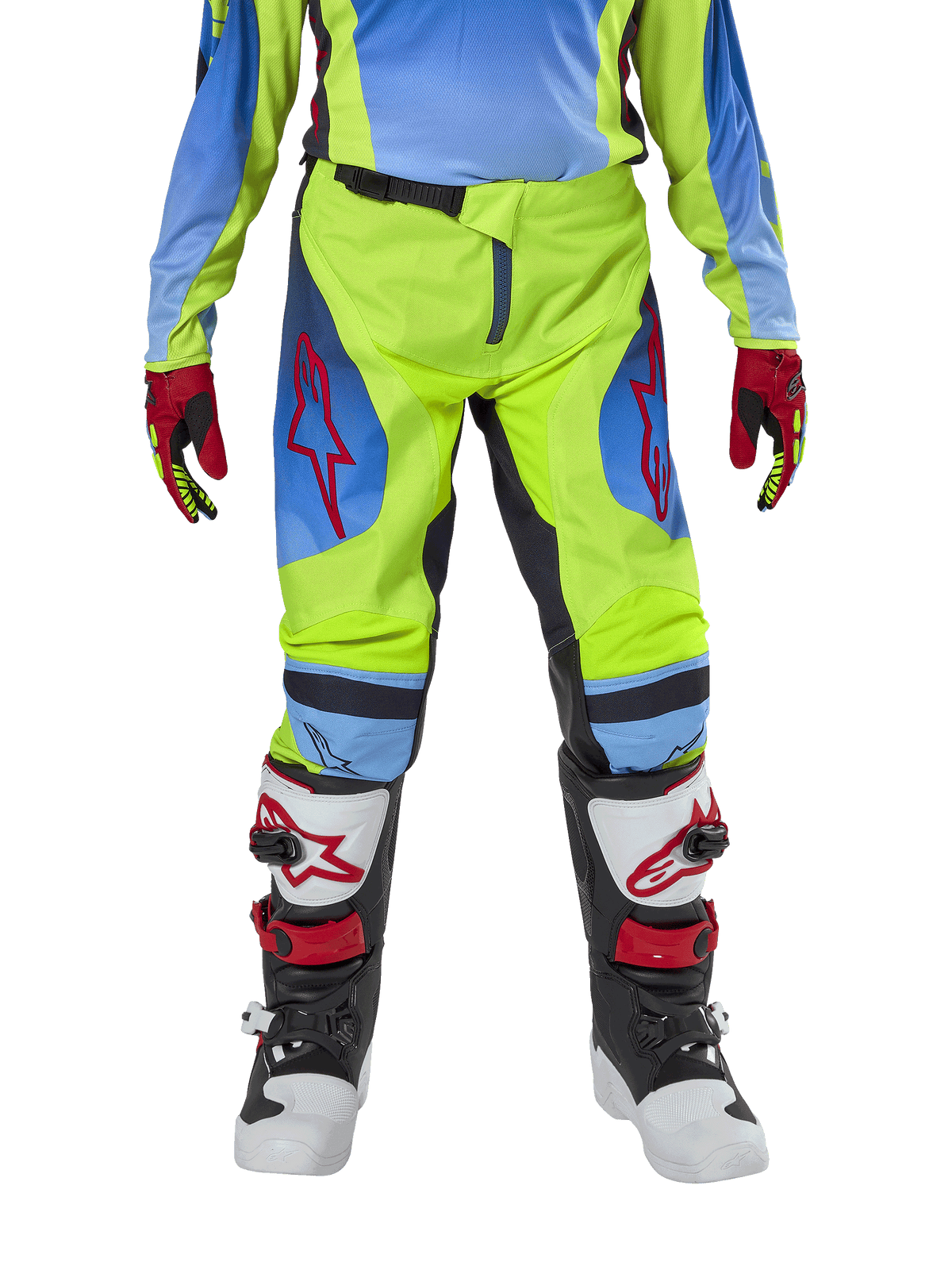 Alpinestars Youth 2024 Racer Hoen Pants, Motocross Pants, Yellow Fluo and Blue Night Navy, featuring red star logos on the thighs, worn with matching jersey, red and black gloves, and white, black, and red motocross boots, durable gear for off-road riding