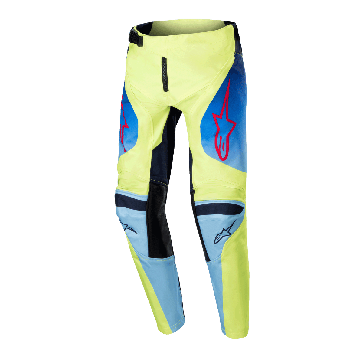 Alpinestars 2024 Youth Racer Hoen Pants, Motocross Pants, Yellow Fluo and Blue Night Navy, featuring red Alpinestars star logos, navy blue panels, and black reinforced knees, sporty design for off-road racing